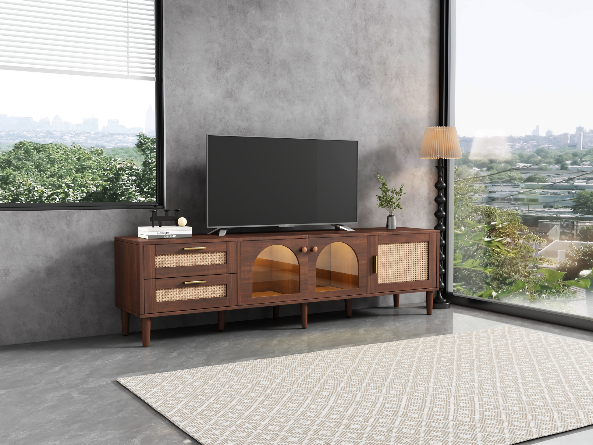 Rattan Tv Stand With 3 Cabinets & 2 Drawers, Rattan Inspired Media Console Table For Tvs Up To 80'', Led Light Entertainment Center, Tv Cabinet For Living Room, Bedroom, Home Theatre Dark Brown