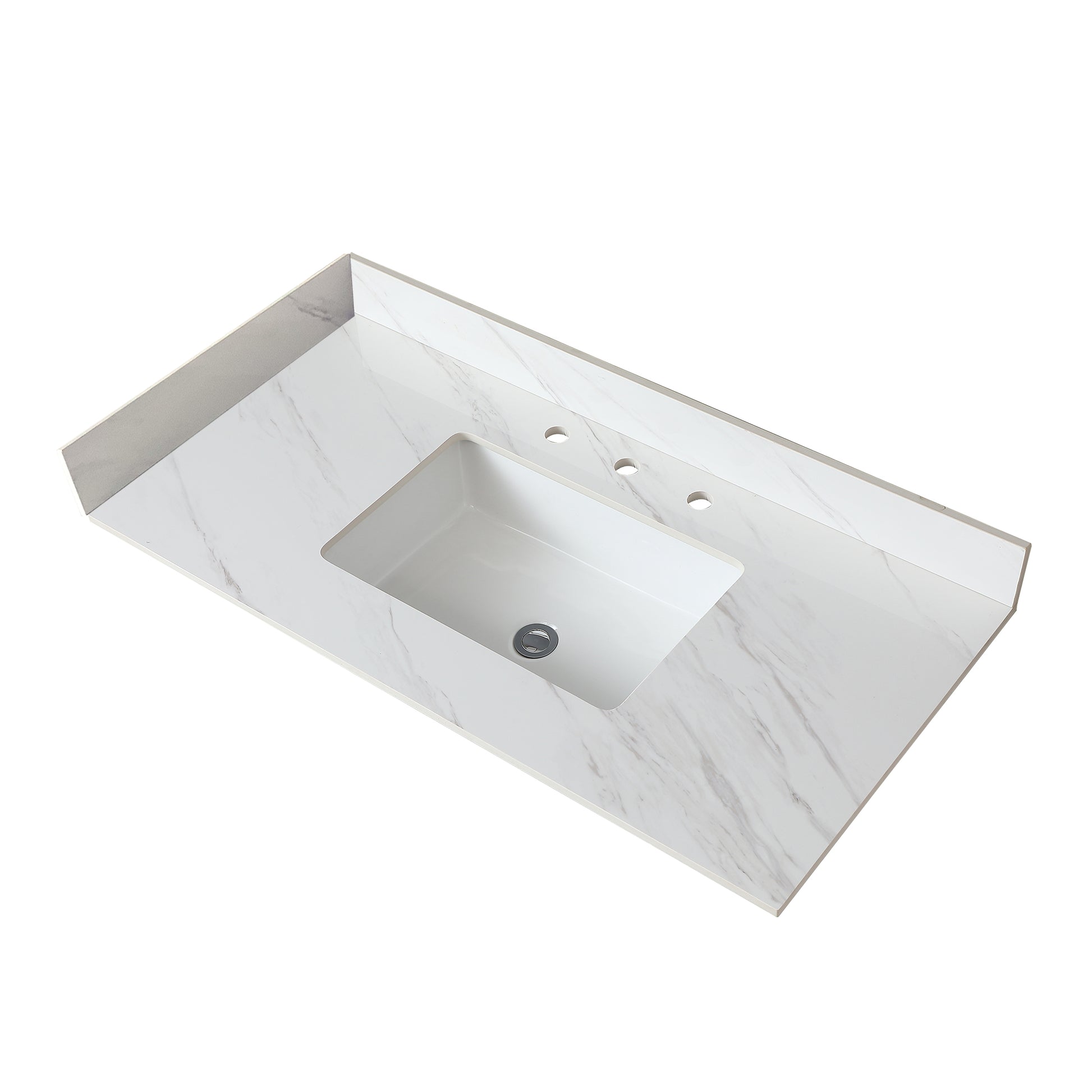 43 Inch Marble Vanity Top, White Vanity Top With Pre Drilled Faucet Holes, Bathroom Vanity Top With Undermount Rectangular Middle Sink And 4" Height Backsplash, Bianco Carrara Venato White Bathroom Sintered Stone