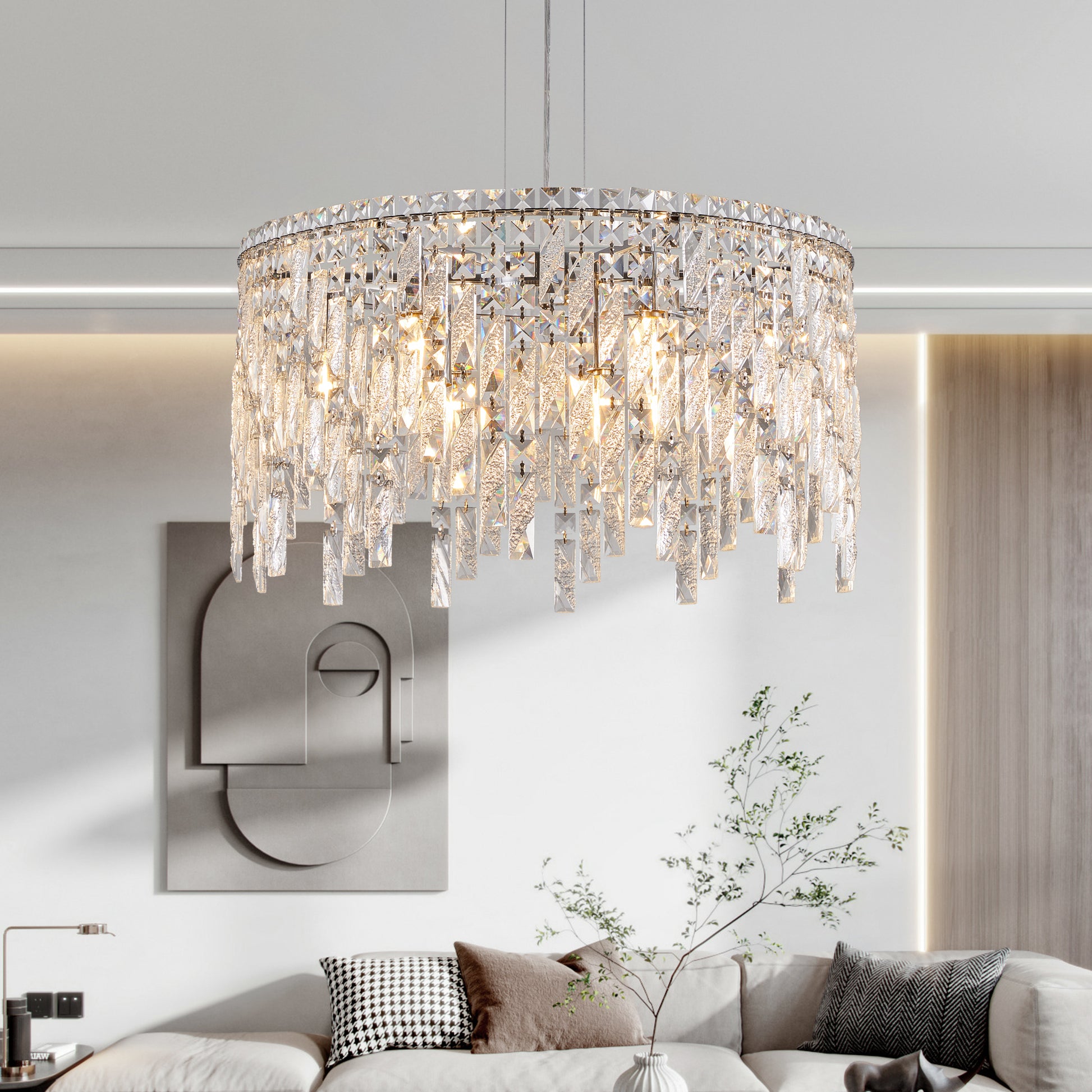 Luxurious Round Silver Crystal Chandelier, Contemporary Rectangular Pendant Light For Dining Room, Living Room, And Grand Foyers Bulbs Not Included Silver Clear Crystal Iron