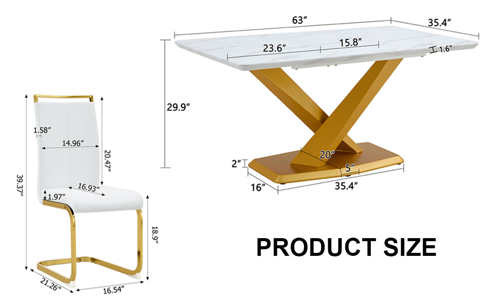 Table And Chair Set, The Table Is Equipped With A Marble Patterned Mdf Tabletop And Gold Table Legs.The Chair Is Equipped With Pu Synthetic Leather High Back Cushion And Gold Coated Metal Legs. Gold White Seats 6 Mdf Metal