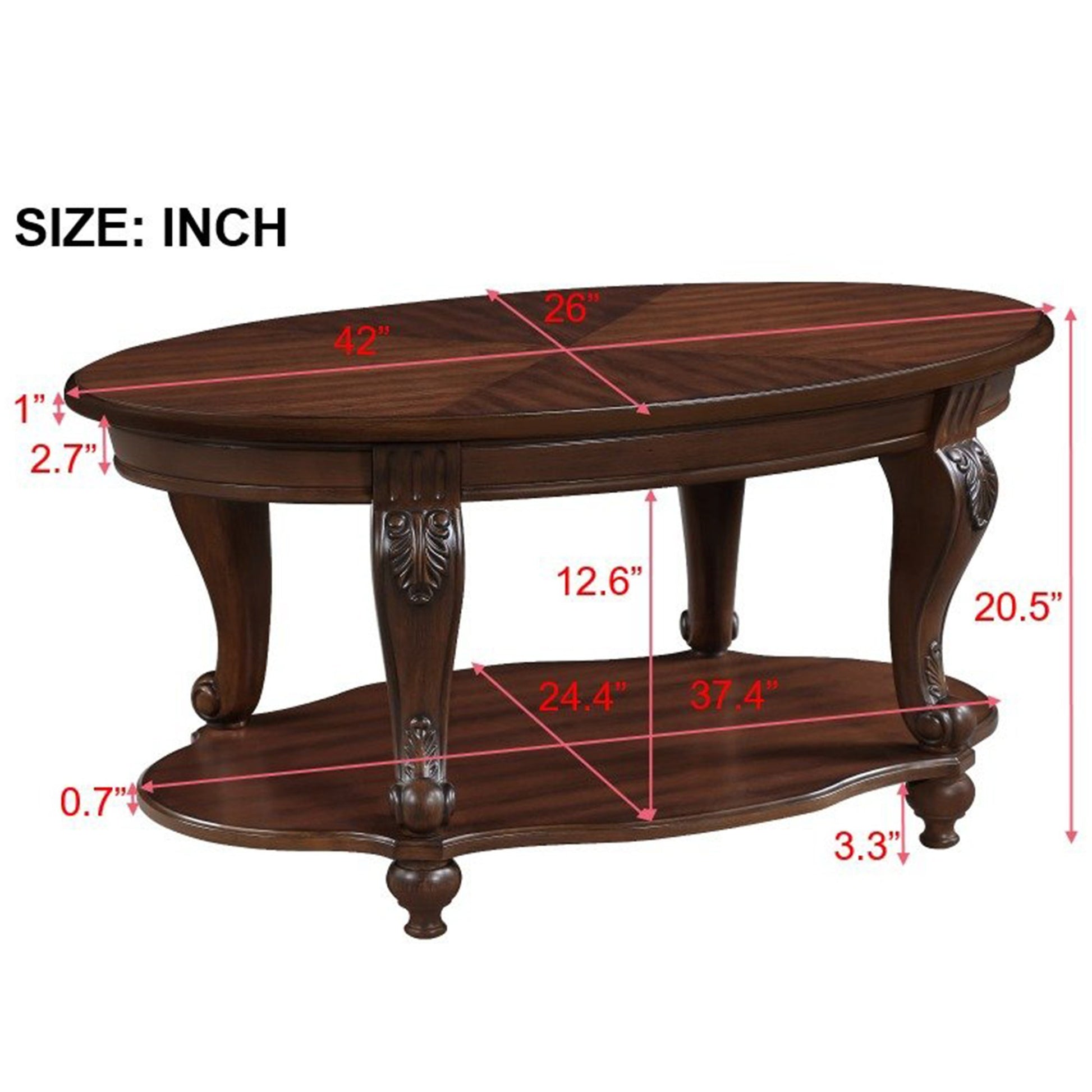 42'' Oval Wood Coffee Table For Living Room, 2 Tier Solid Wood Cocktail Table With Open Storage Shelf, Easy Assembly, Cherry Color Written On Package Box Is Light Espresso Cherry Rubber Wood