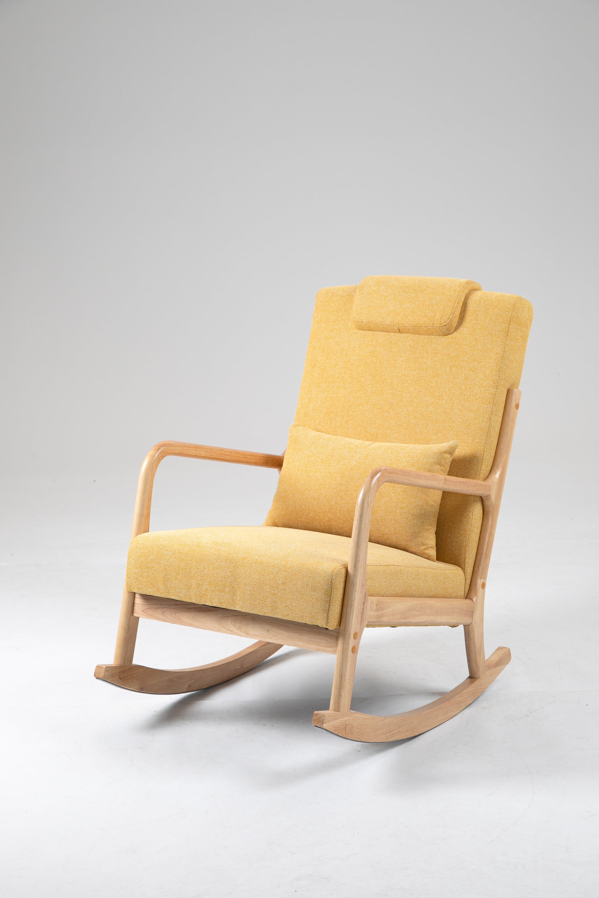 Rocking Chair Upholstered Fabric Rocking Armchair Indoor With High Backrest Glider Chairs And Lumbar Pillow For Living Room Yellow Linen