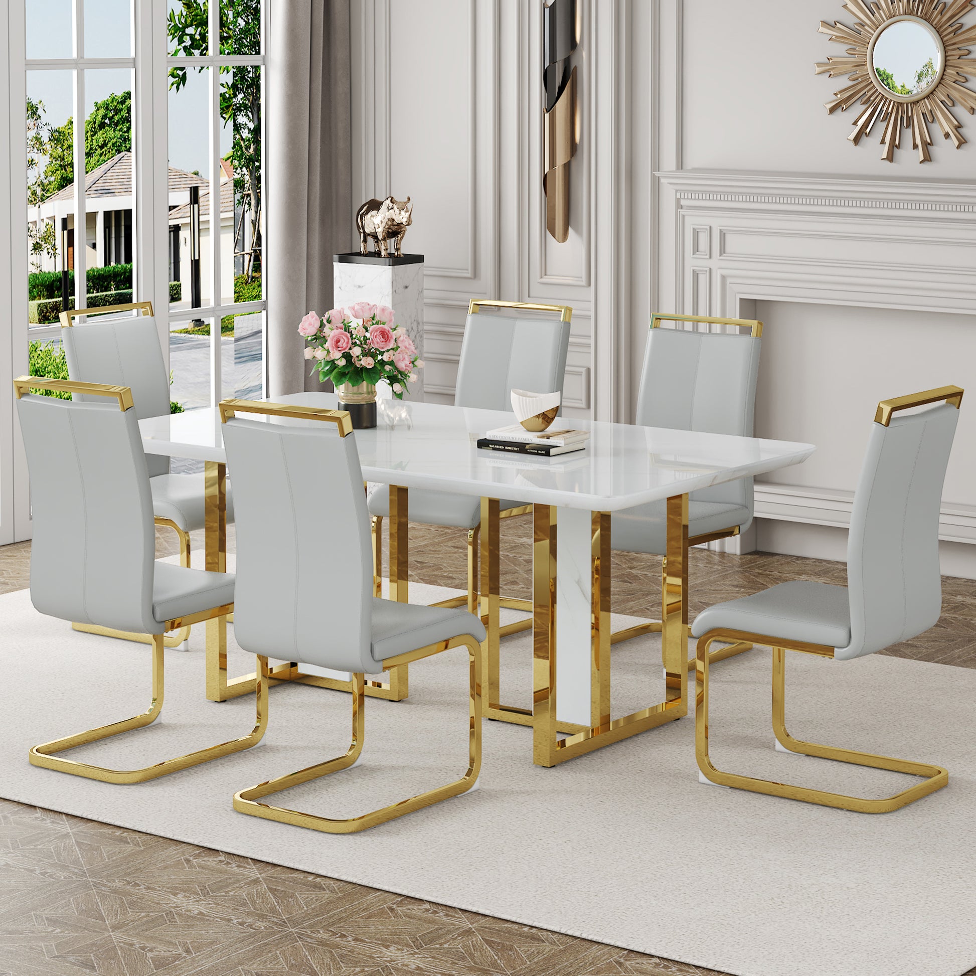 Table And Chair Set.67"X36" White Marble Pattern Mdf Dining Table Set With 6 Light Gray Pu Chairs.Mdf Sticker,White Marble Pattern Sticker,Gold C Tube Chair Legs,Suitable For Kitchen,Dining