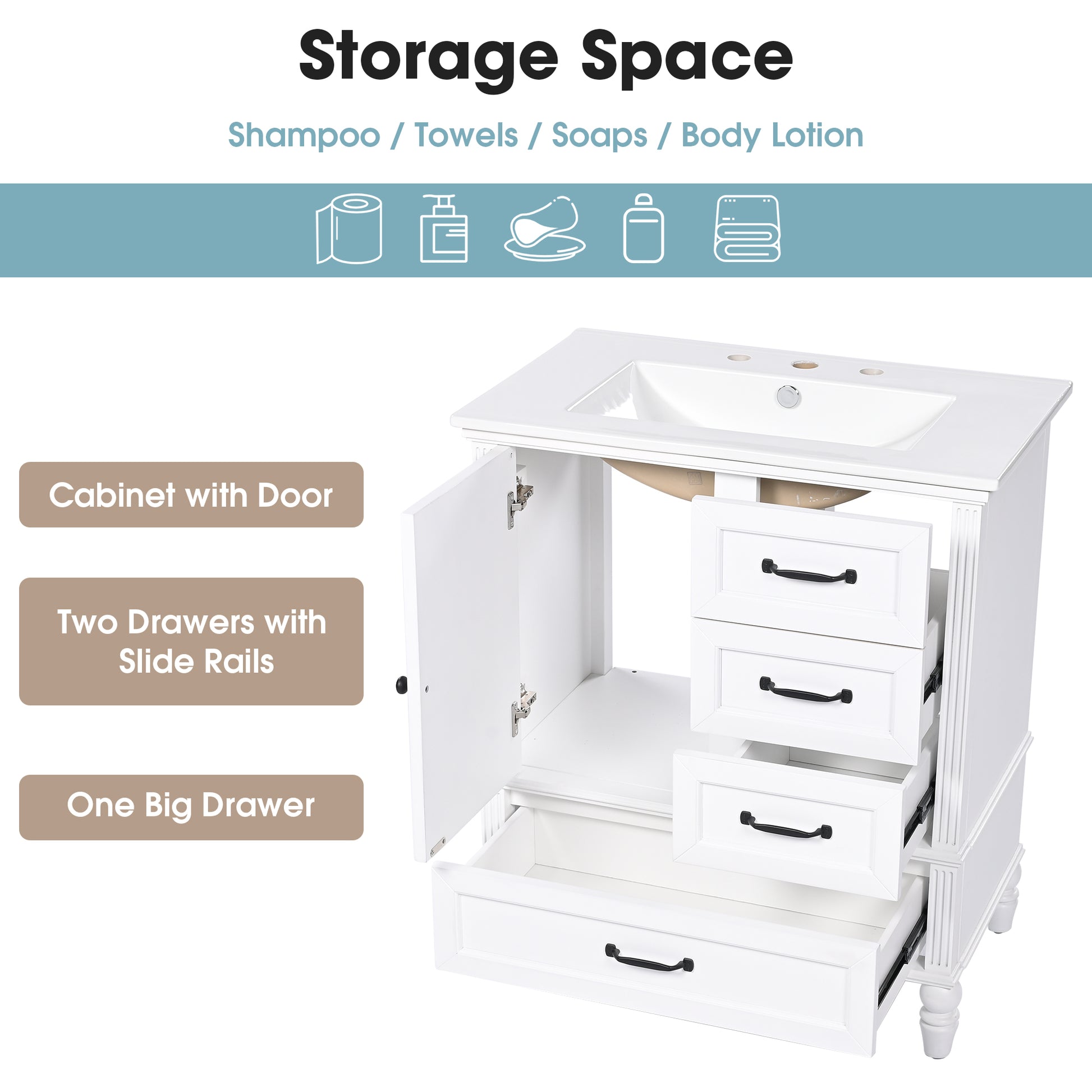 30" Bathroom Vanity With Sink, Bathroom Cabinet With A Door, Three Drawers, Solid Wood Legs & Mdf Board, Adiustable Foot Pads, White White Mdf