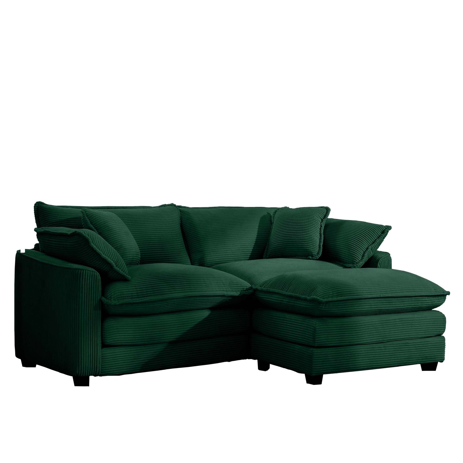 Corduroy Two Seater Sofa With 1 Footrest, L Shaped 2 Seater Sofa With Ottoman For Small Living Spaces, Green Corduroy Sofa Green Corduroy 2 Seat