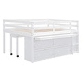 Full Size Loft Bed With Retractable Writing Desk And 4 Drawers, Wooden Loft Bed With Lateral Portable Desk And Shelves, White Full White Solid Wood Mdf