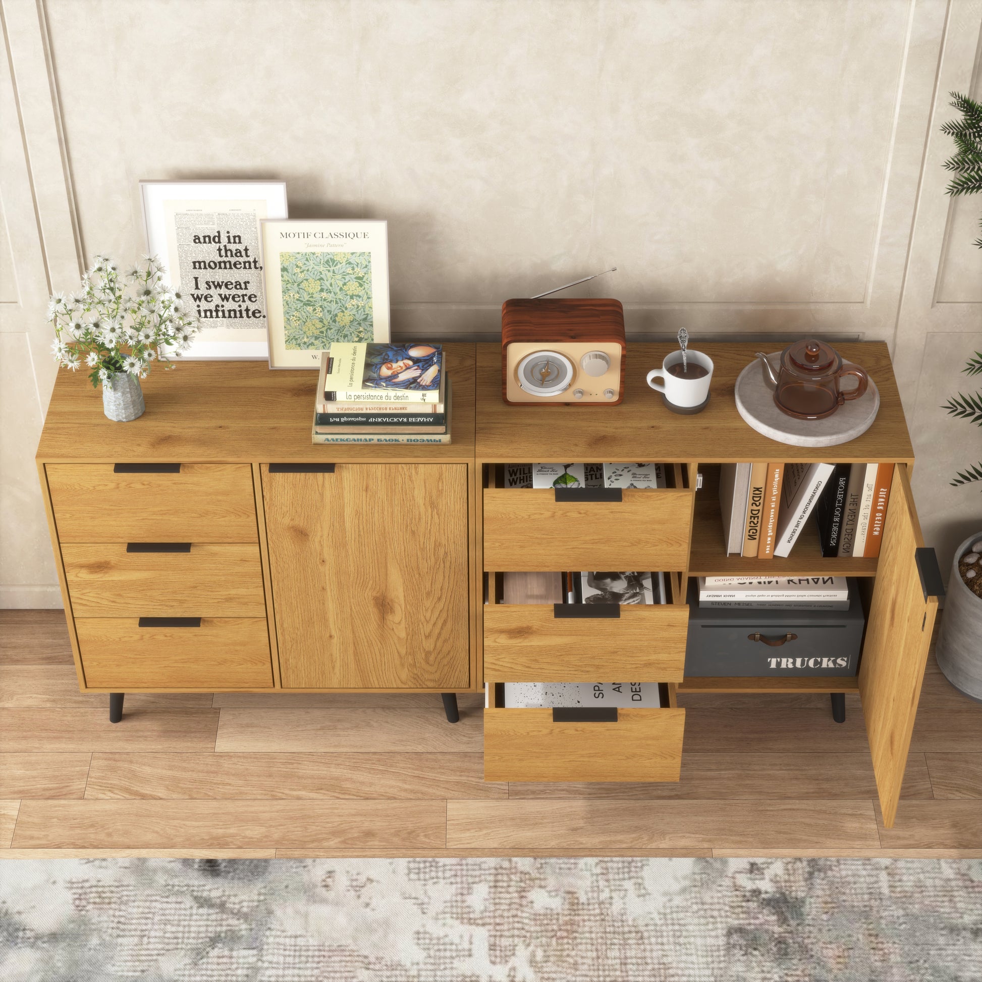 Storage Cabinet With 3 Drawers & Adjustable Shelf, Mid Century Cabinet With Door, Accent Cabinet For Living Room, Home Office, Entryway, Natural Wood Color Natural Wood Particle Board