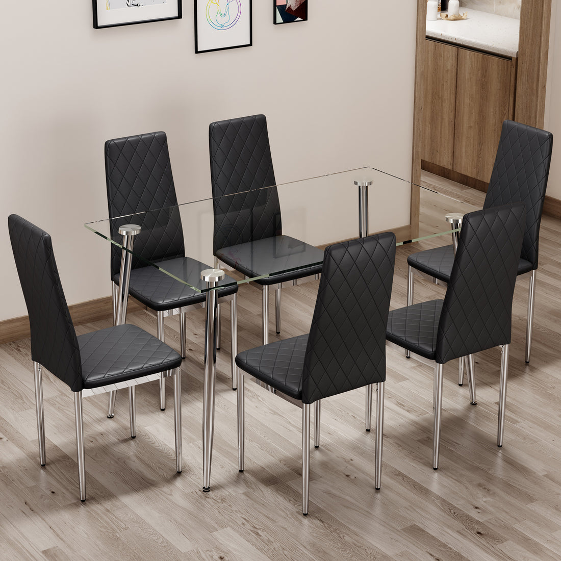 Table And Chair Set.Rectangular Dining Table With Tempered Glass Tabletop And Silver Plating Metal Legs.Paired With 6 Checkered Armless High Back Black Chairs With Electroplated Metal Legs. Black Seats 6 Glass Metal