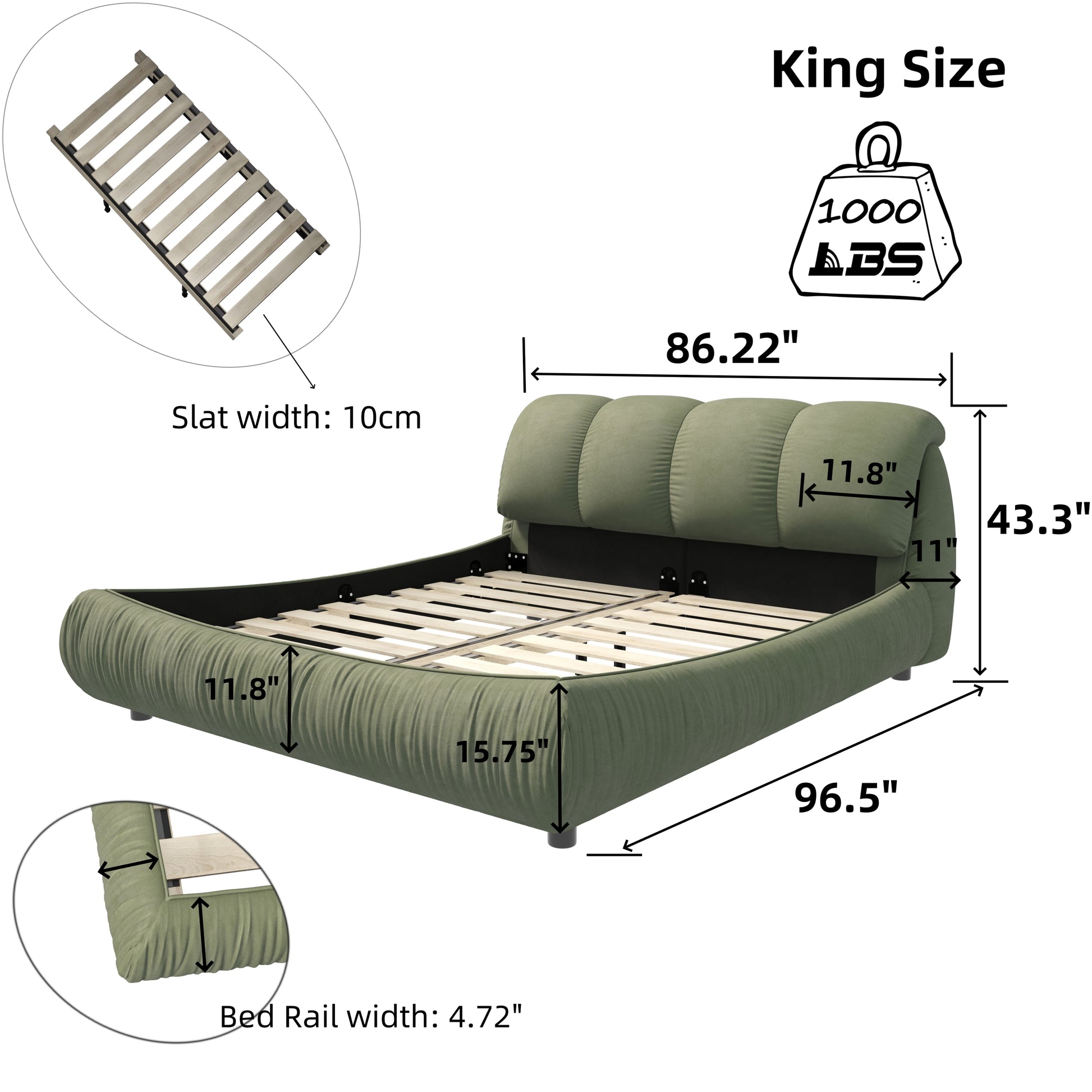 King Size Luxury Upholstered Platform Bed With Oversized Padded Backrest And Solid Wood Frame,Suitable For Multiple Heights Of Mattresses,Green Old Sku:W1885S00019 Box Spring Not Required King Green Wood Pine Solid Wood