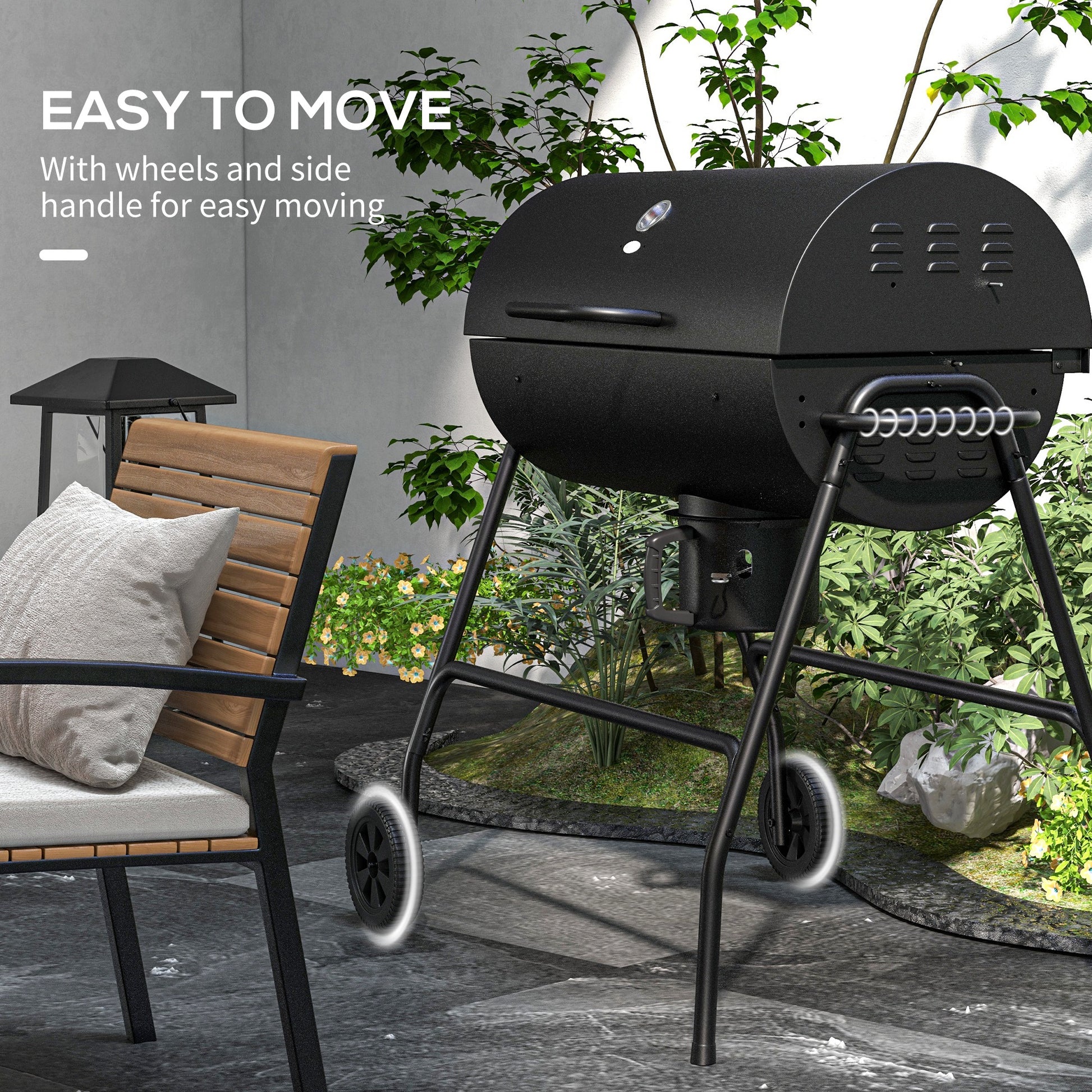 Outsunny Barrel Charcoal Bbq Grill With 420 Sq.In. Cooking Area, Outdoor Barbecue With Wheels, Ash Catcher And Built In Thermometer For Patio Picnic, Backyard Party, Black Black Steel