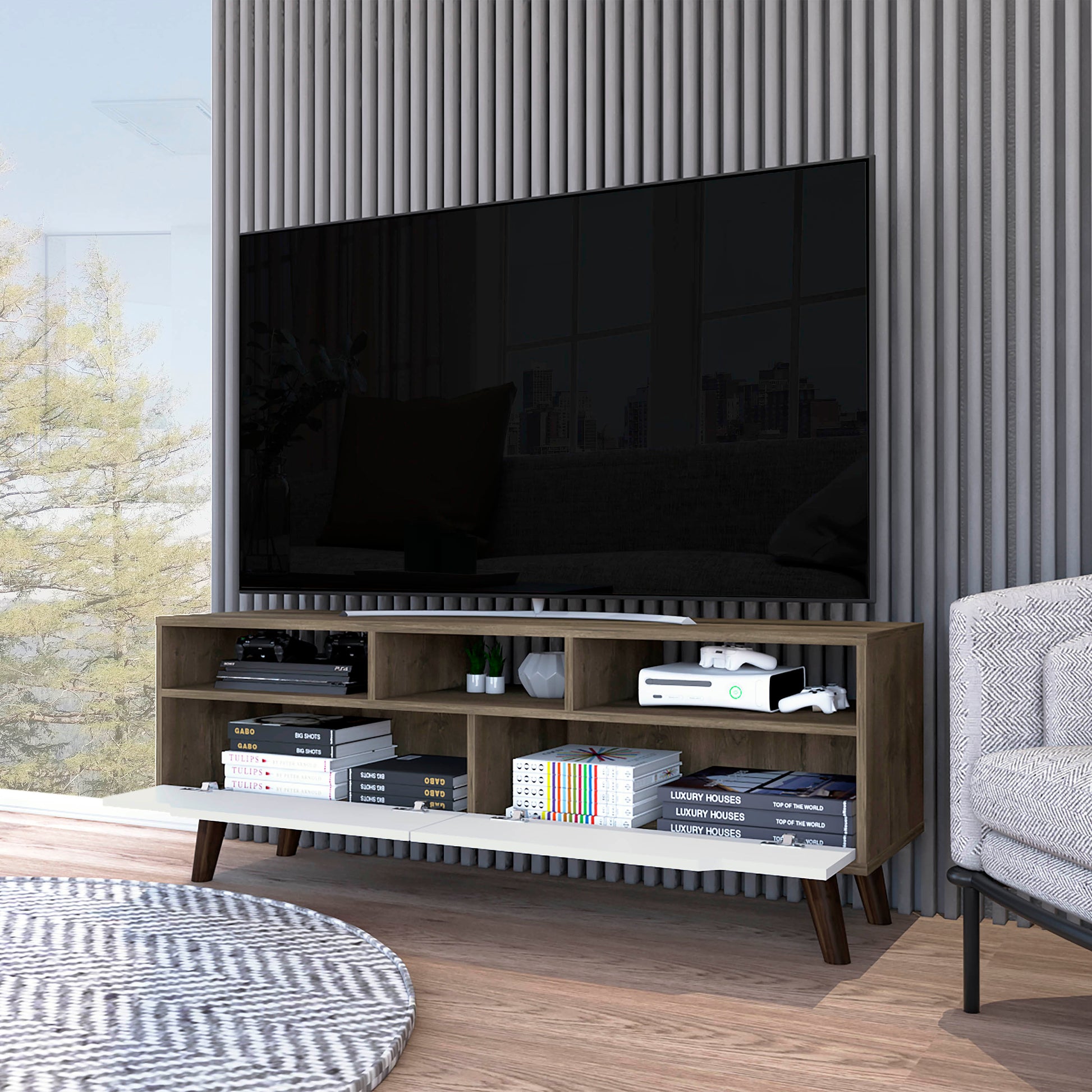 Hamburg Tv Stand For Tv S Up 52", Four Legs, Three Open Shelves,Two Upturned Drawers Multicolor Primary Living Space 50 59 Inches Contemporary 55 Inches Melamine Engineered Wood