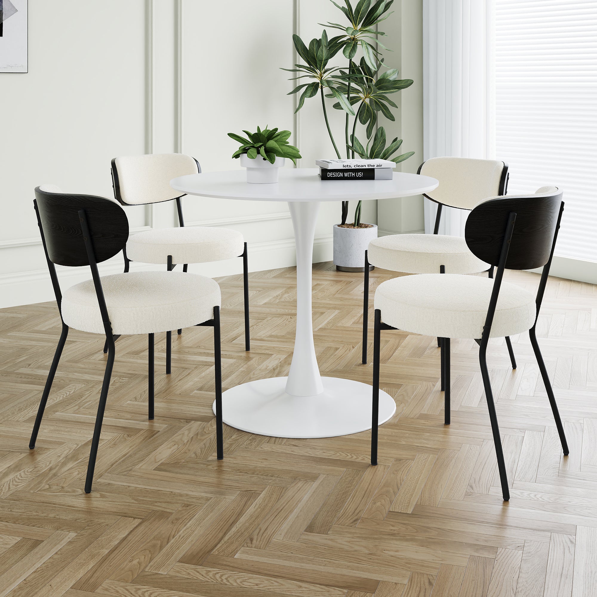 Modern Grey Simple Teddy Velvet Dining Chair Upholstered Chair Family Bedroom Stool Back Dressing, White Round Table Set,Bentwood Covered With Ash Veneer Chair Back,Chair Black Metal Legs Set Of 5 White Mdf