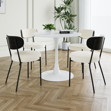 Modern Grey Simple Teddy Velvet Dining Chair Upholstered Chair Family Bedroom Stool Back Dressing, White Round Table Set,Bentwood Covered With Ash Veneer Chair Back,Chair Black Metal Legs Set Of 5 White Mdf