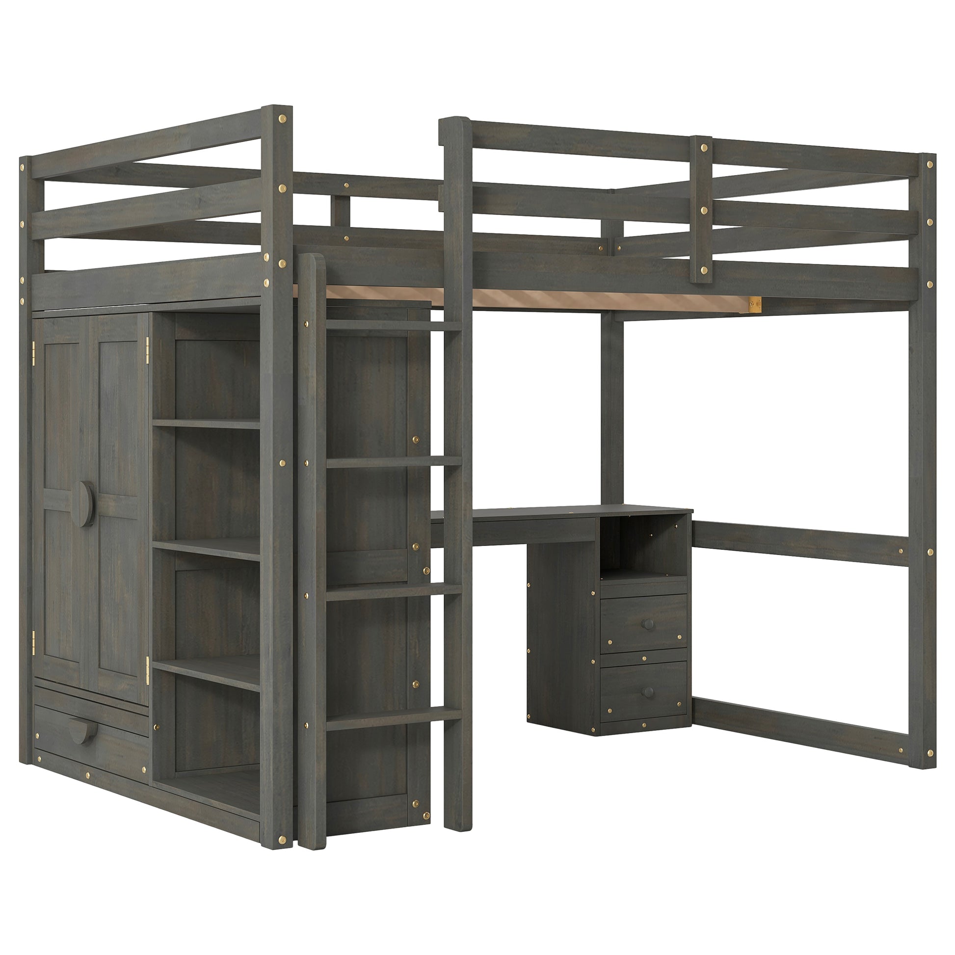 Wood Full Size Loft Bed With Built In Wardrobe, Desk, Storage Shelves And Drawers, Gray Box Spring Not Required Full Gray Wood Bedroom Solid Wood Mdf