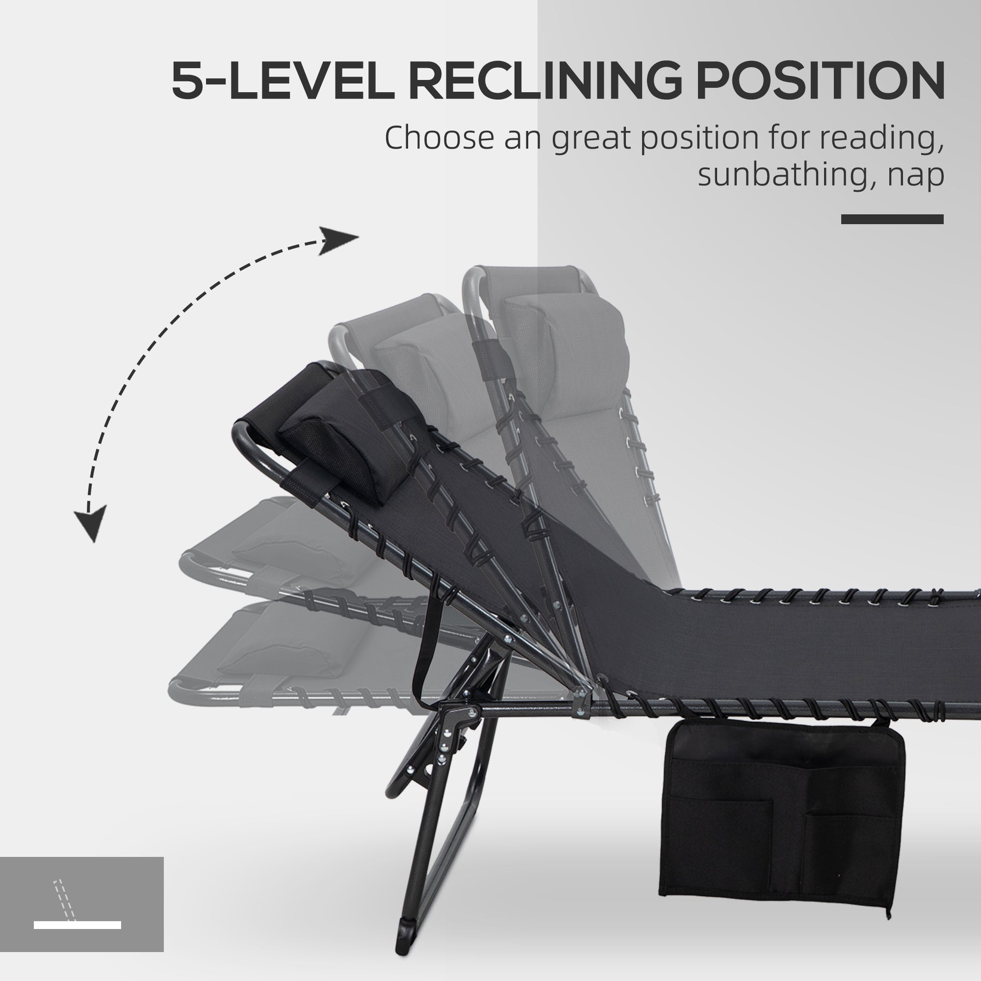 Outsunny Folding Chaise Lounge With 5 Level Reclining Back, Outdoor Tanning Chair With Reading Face Hole, Outdoor Lounge Chair With Side Pocket & Headrest For Beach, Yard, Patio, Black Black Steel