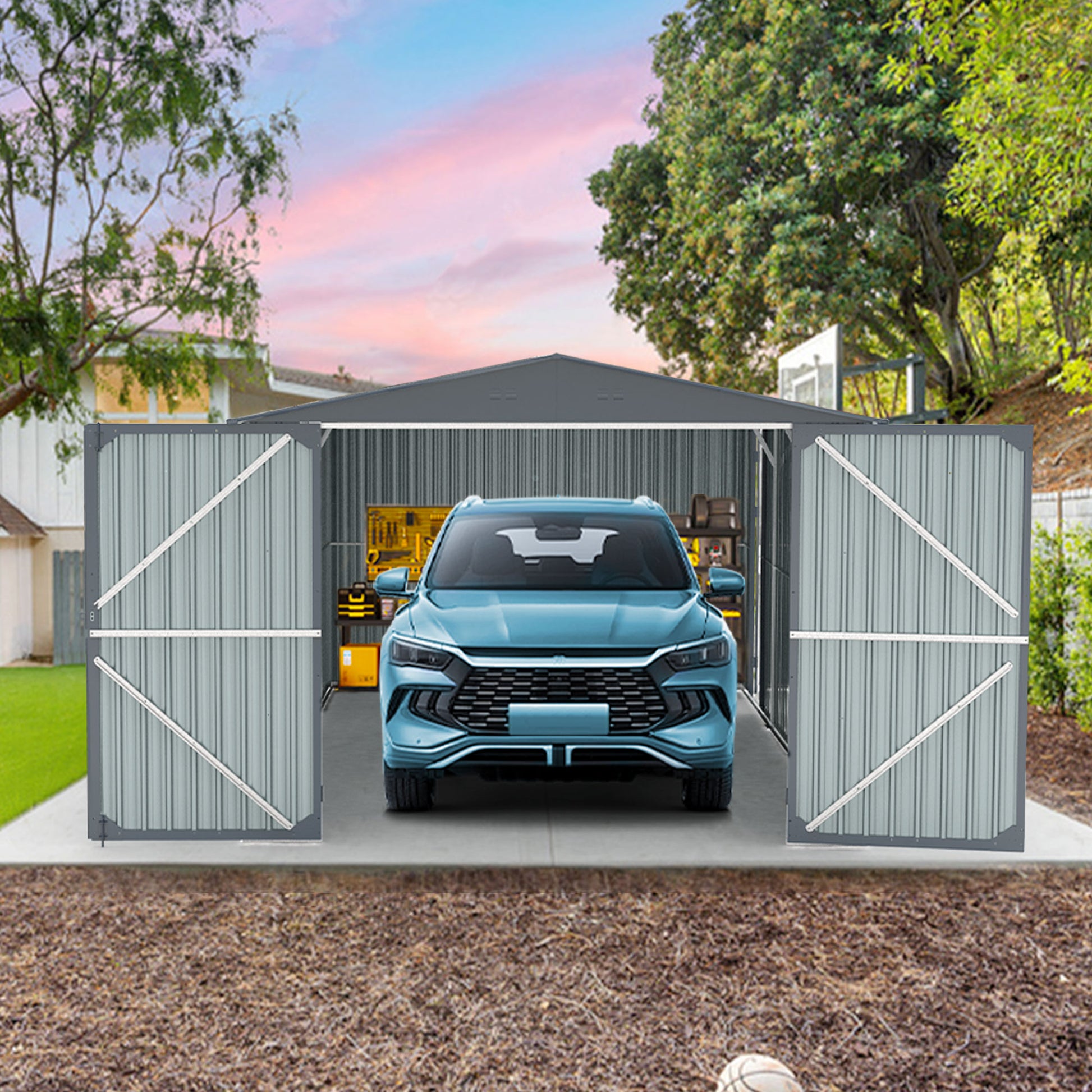 Outdoor Storage Shed 20X10 Ft, Metal Garden Shed Backyard Utility Tool House Building With 2 Doors And 4 Vents For Car,Truck,Bike, Garbage Can,Tool,Lawnmower Black Metal