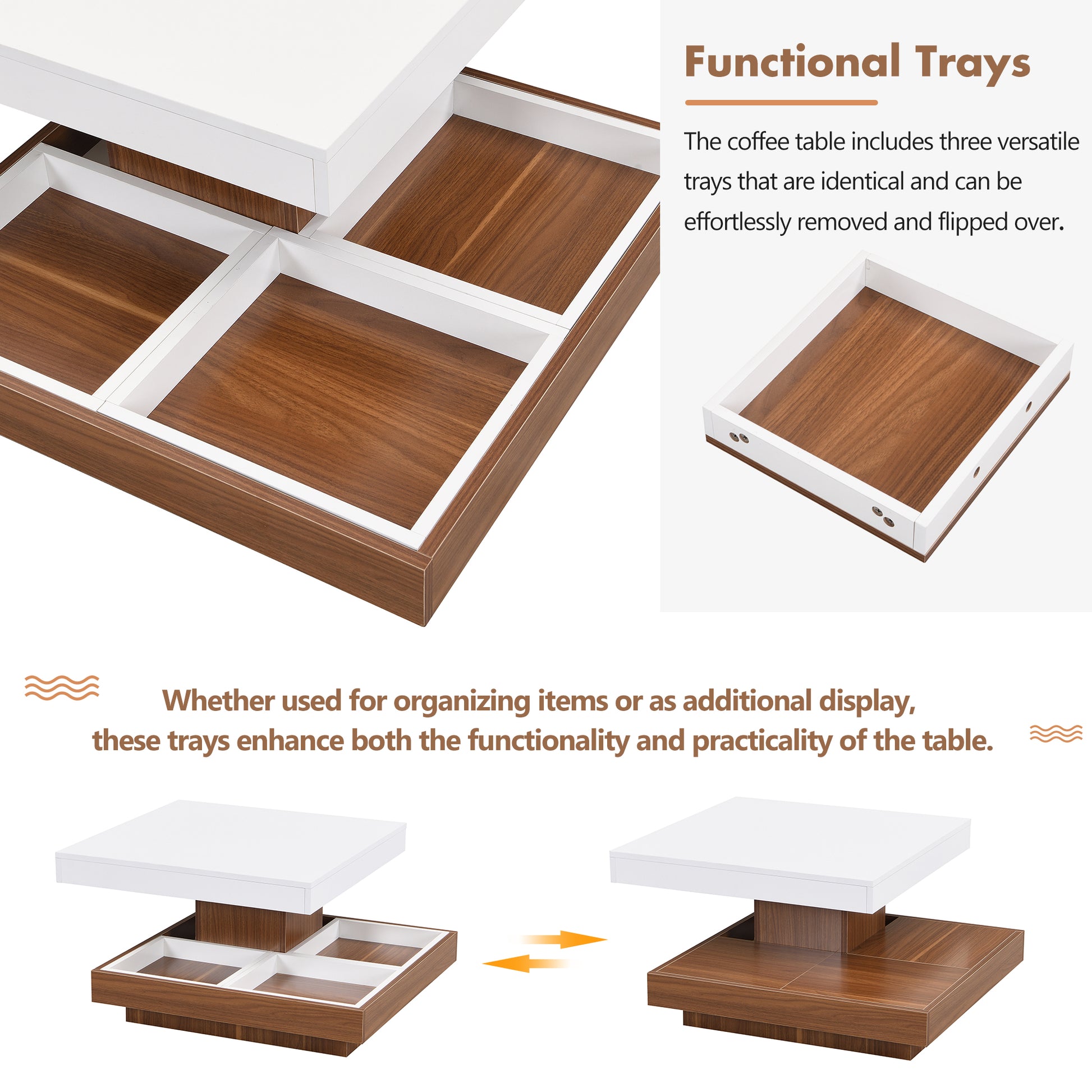 Modern Square 360 Rotating Coffee Table With Three Detachable Tray, 2 Tier Farmhouse Wood Center Table With Storage For Living Room, White, 27.5*27.5In White Walnut Primary Living Space Mdf