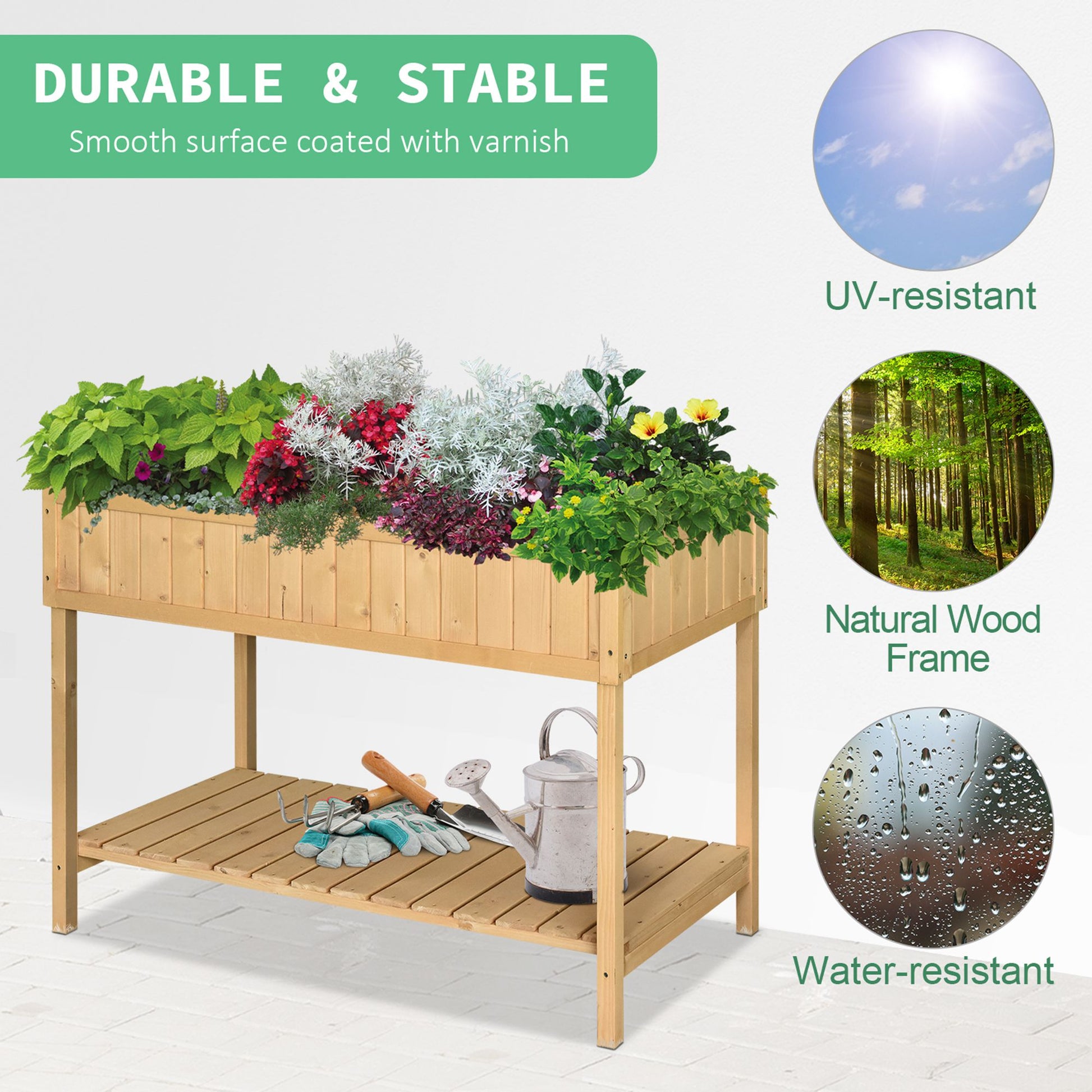 Outsunny 43X18X30In Raised Garden Bed With 8 Pockets And Shelf, Wooden Elevated Planter Box With Legs To Grow Herbs, Vegetables, And Flowers, Natural Natural Wood Wood