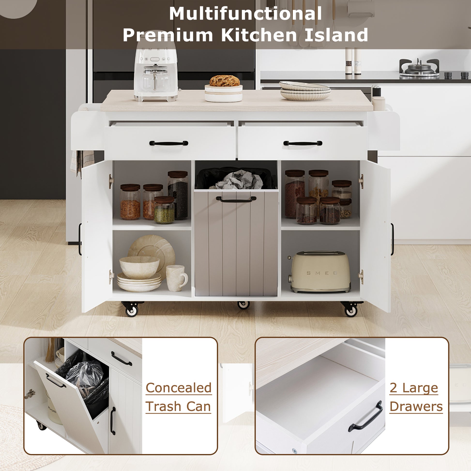 K&K Kitchen Island With Trash Can Storage Cabinet