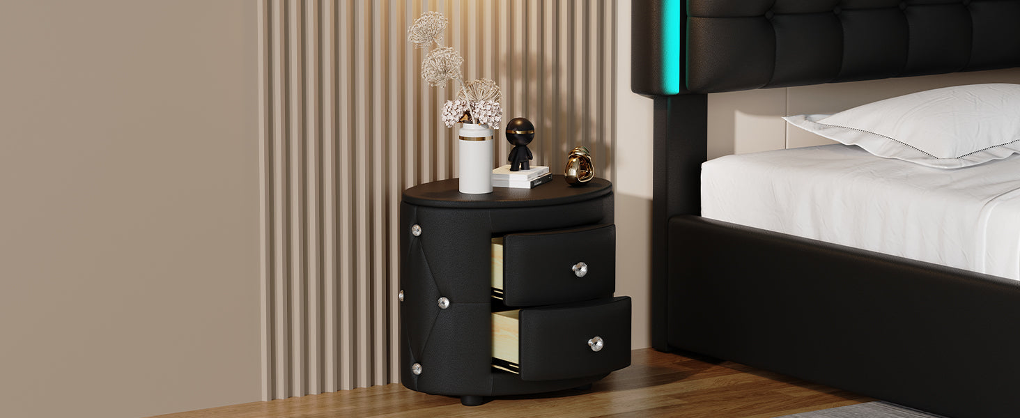 Elegant Pu Nightstand With 2 Drawers And Crystal Handle,Fully Assembled Except Legs&Handles,Storage Bedside Table Black Black Pu