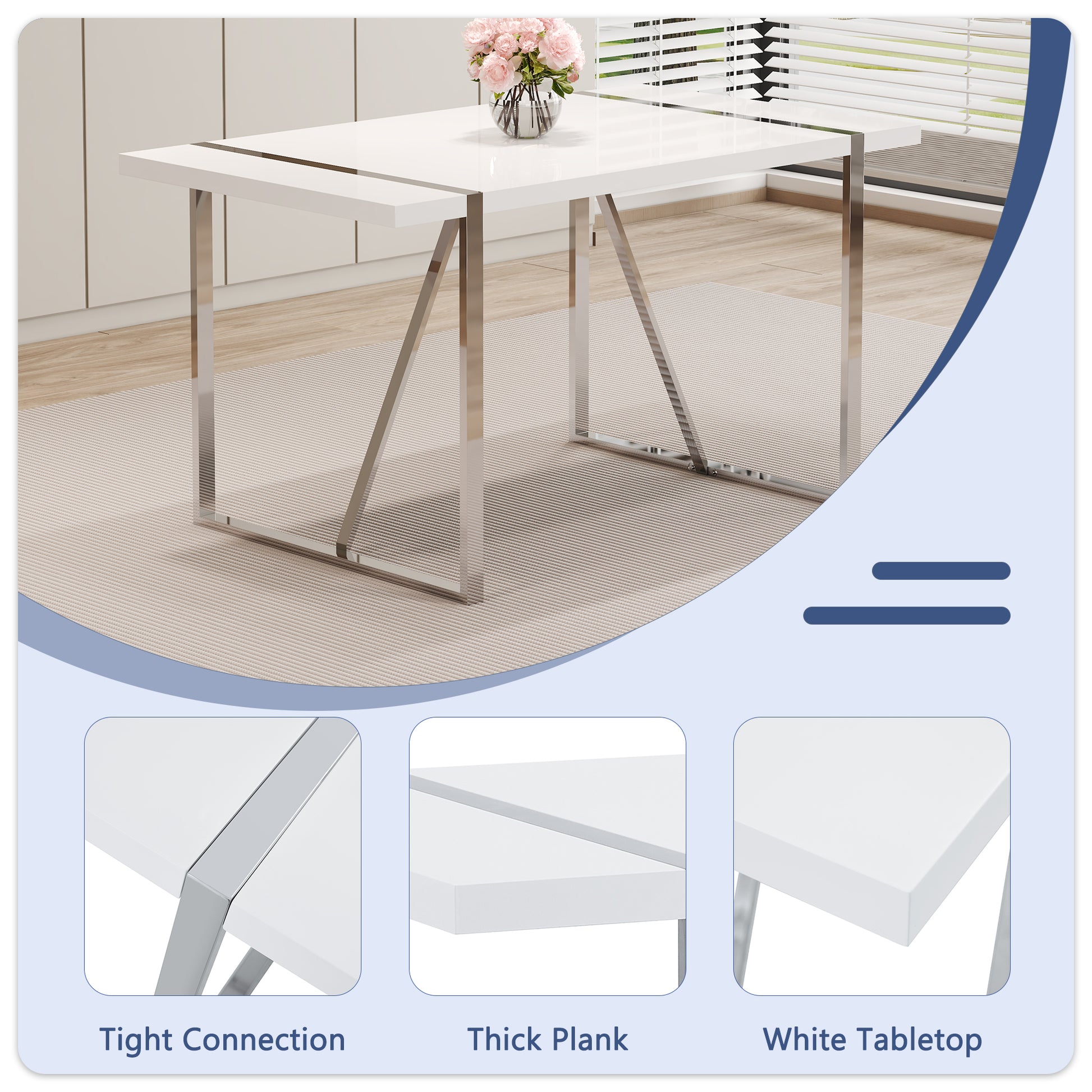 Table And Chair Set.55"X31.5" Mdf Painting Dining Table Set With 6 Pu Chairs.Showcasing A Modern And Stylish Look.Suitable For Dining Room.Mdf Painting,Iron Pipe Plating,Pu Chiairs,White. White