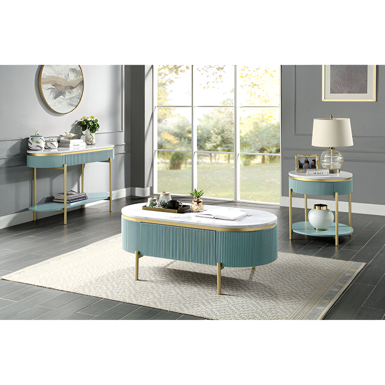 Glam Contemporary Light Teal 1Pc Coffee Table White Faux Marble Top Living Room Table W Drawer Teal Primary Living Space Contemporary,Glam,Modern,Shabby Chic Metal