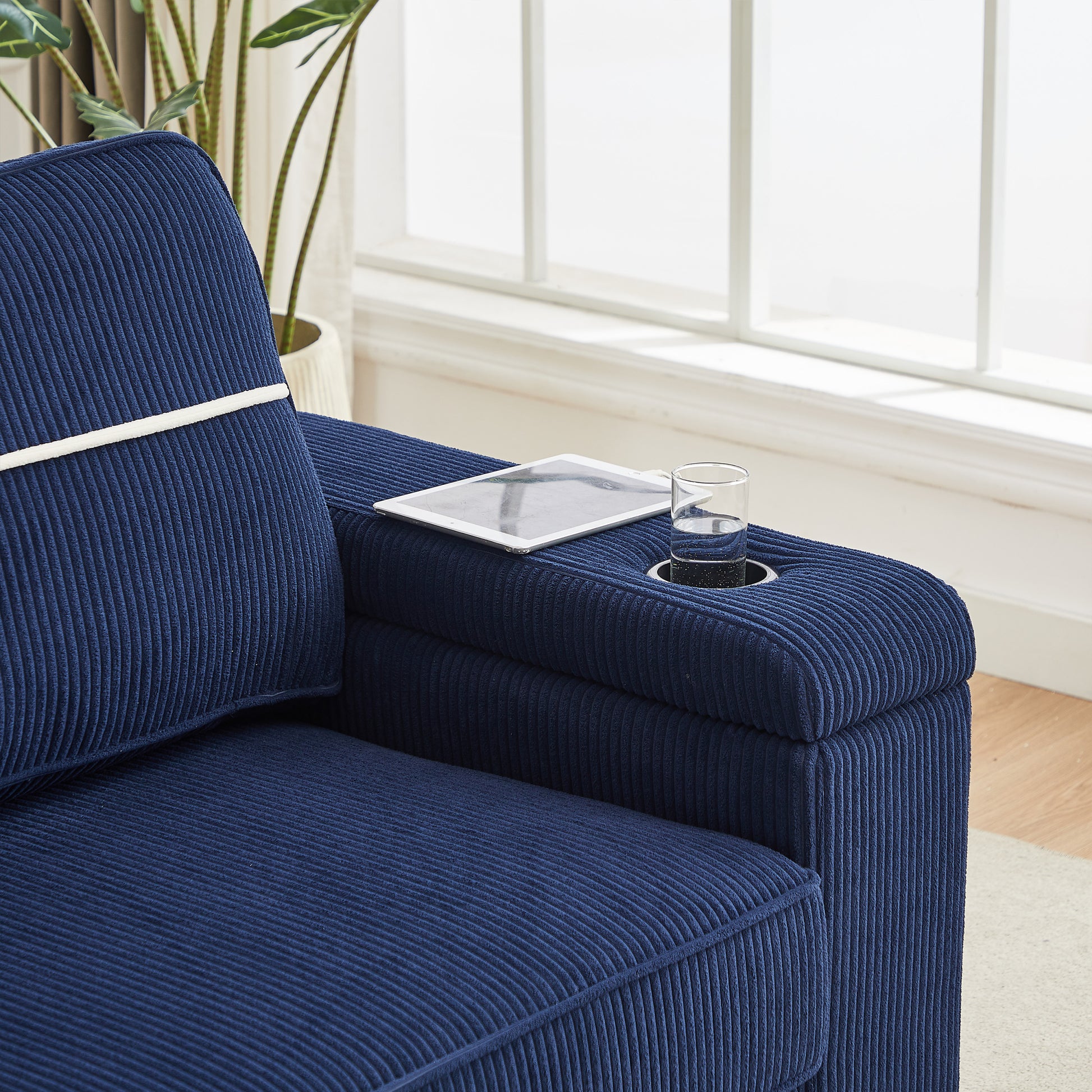 86.5 Inch Sofa Couch Deep Seat Sofa With Two Storage Spaces, T Pyce Charging Portsusb Charging Ports & 2 Cup ,Corduroy 3 Seater Couch, Modern Sofas For Living Room Blue Foam Corduroy 3 Seat