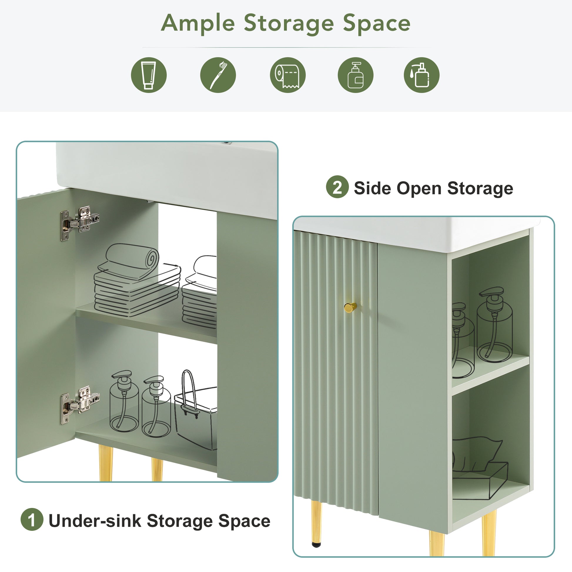 21.6" Green Bathroom Vanity, Combo Cabinet, Bathroom Storage Cabinet, Single Ceramic Sink, Right Side Storage Green Bathroom Ceramic Mdf