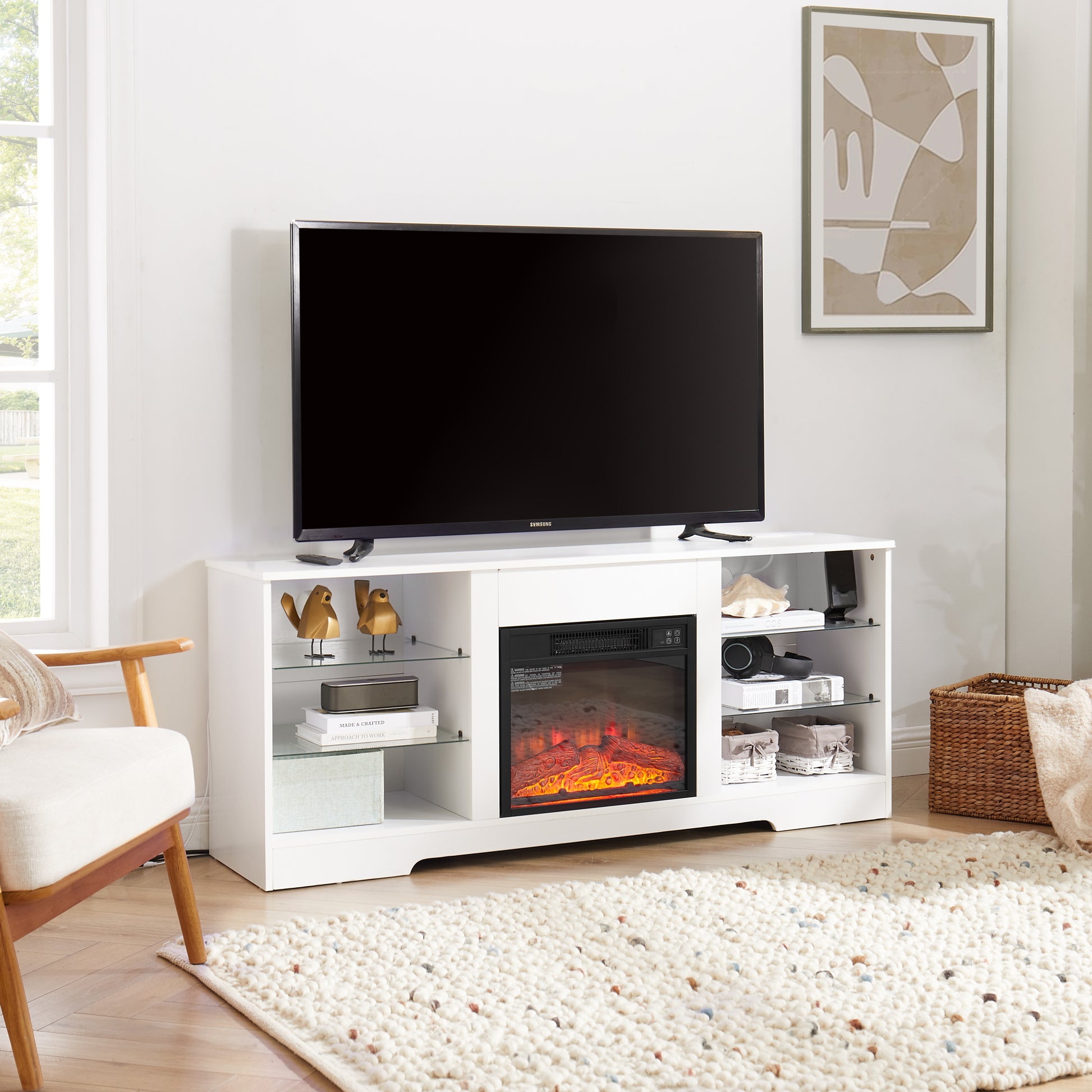 Tv Stand Electric Fireplace Glass Shelves, 3D Fireplace Tv Stand With Led Lights Wood With Usb Charging Outlet Modern Television Table Center For Tv Up To 62" White, 58''W*15.5''D*24.4 White 50 59