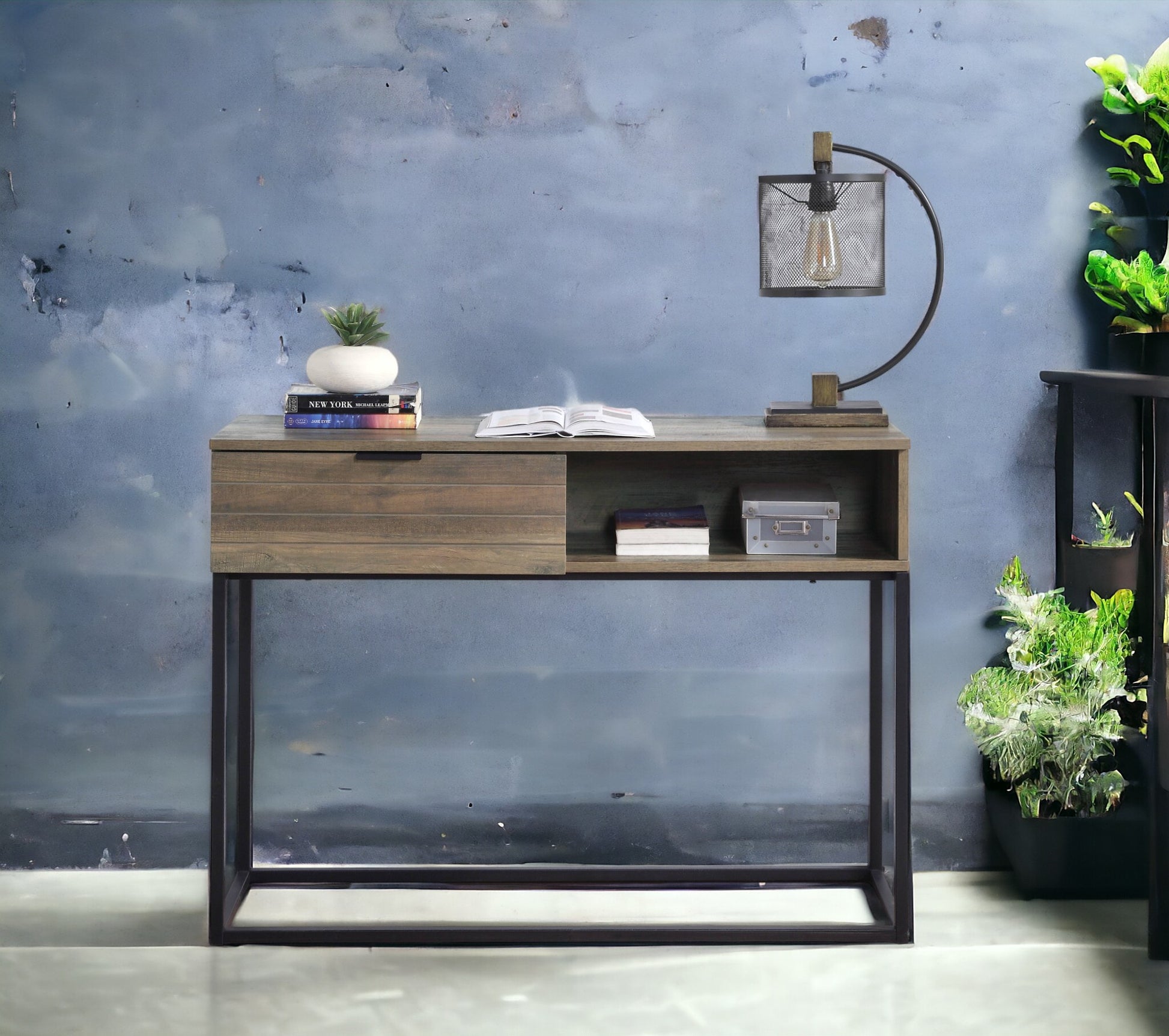 Galeno Writing Desk, Rustic Oak & Black Finish Of00320 Black Mdf Metal