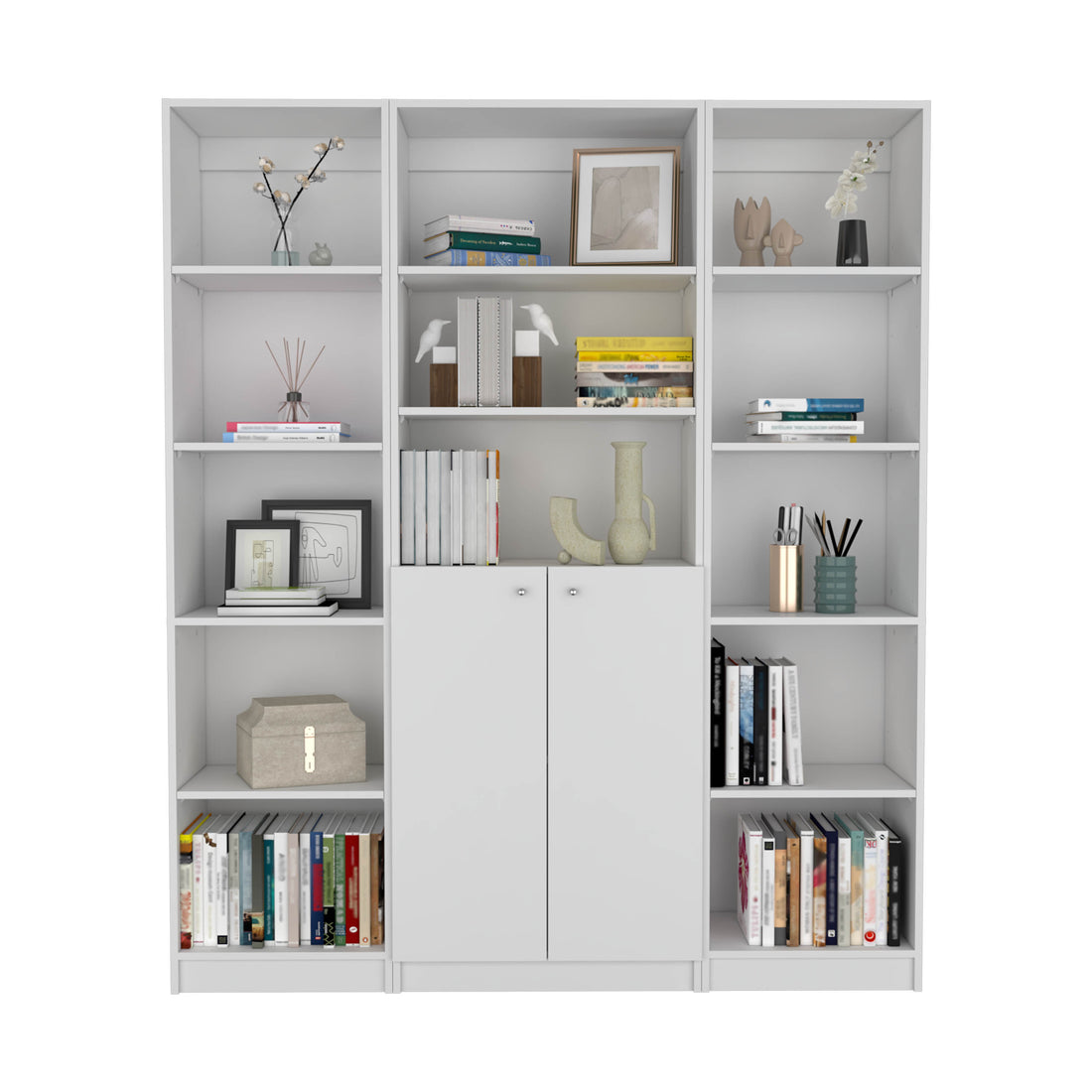 June 3 Piece Home Bookcase Set, 60" Wide With 13 Shelves And 2 Door Cabinetliving Room Set White Freestanding Matte White Office Open Storage Space Particle Board