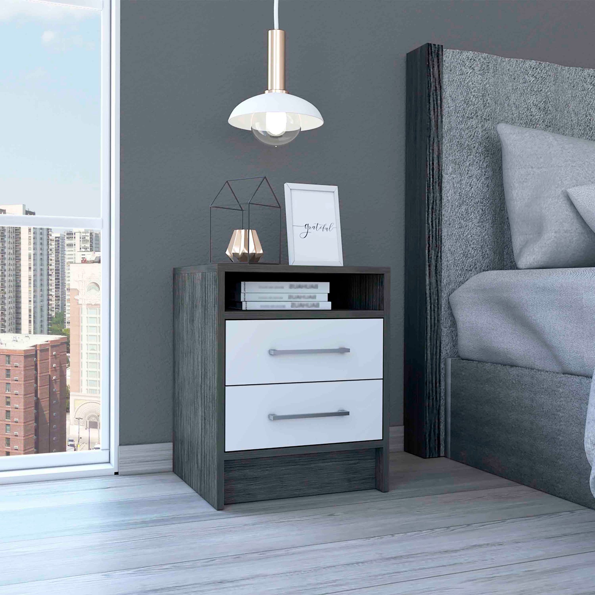 Philadelphia Nightstand, Two Drawers, Concealed Shelf Multicolor,Smoke Grey,White Mdf Engineered Wood