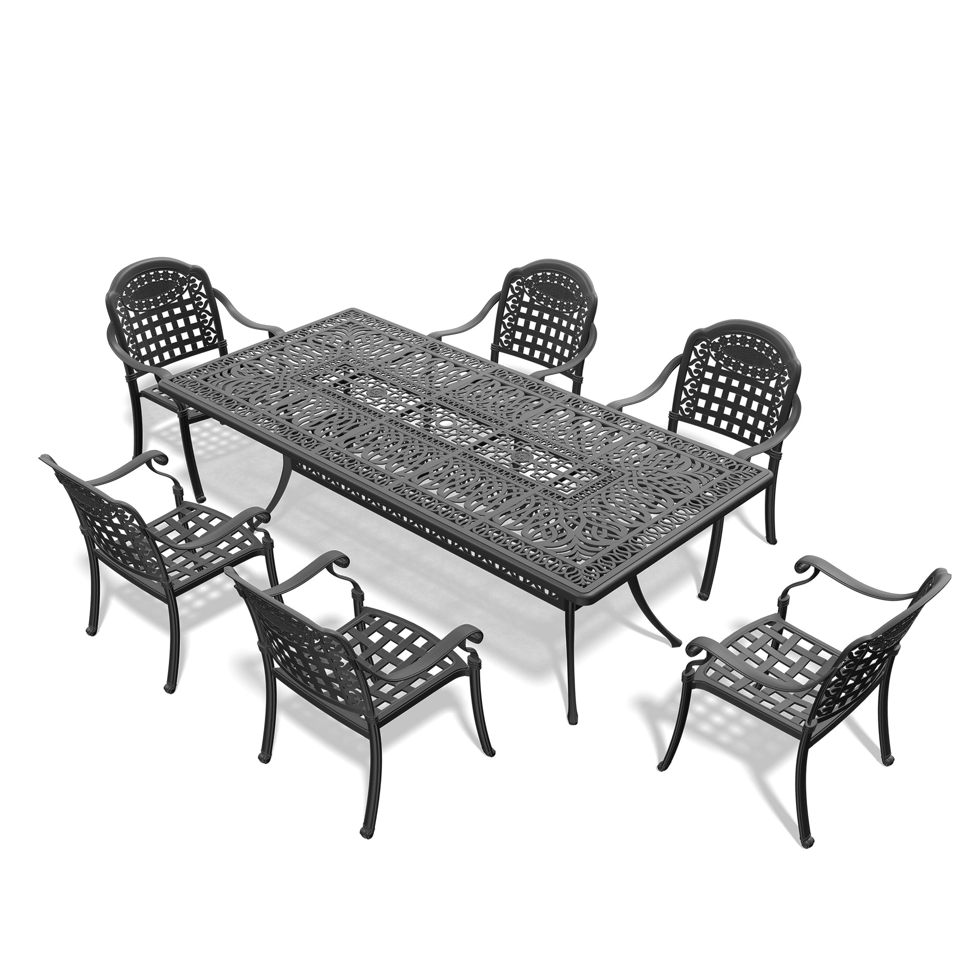 Cushions In Random Colors 7 Piece Set Of Cast Aluminum Patio Furniture With Cushions Yes Dining Set Black Seats 6 Rust Resistant Frame Water Resistant Cushion Garden & Outdoor Complete Patio Sets Aluminium