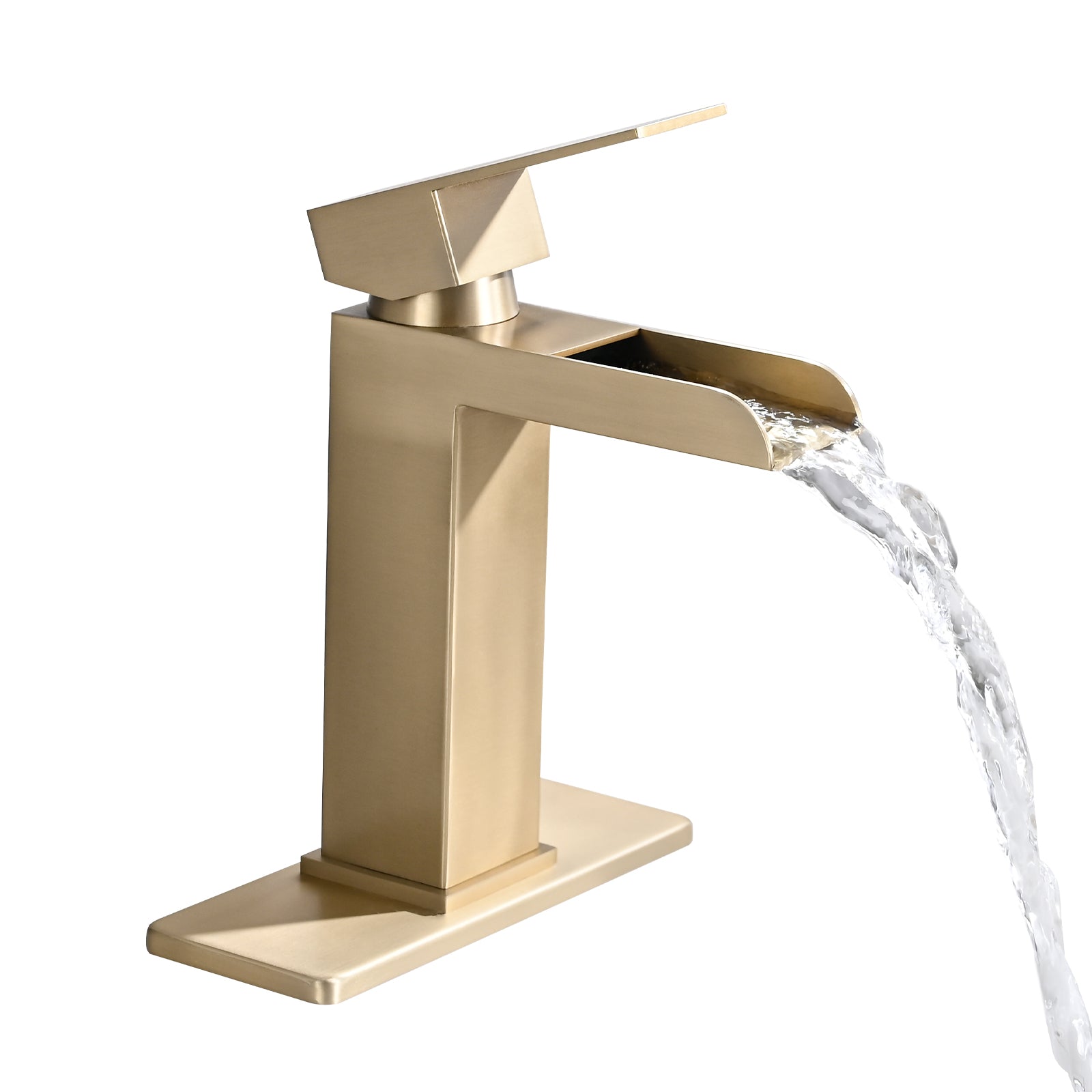 Waterfall Bathroom Faucet Brushed Gold Single Handle Bathroom Sink Faucets 1 Or 3 Hole Solid Vanity Faucet With Deck Plate & Overflow Pop Up Drain Brushed Gold One Brushed Gold Deck Mounted Bathroom Gold Stainless Steel