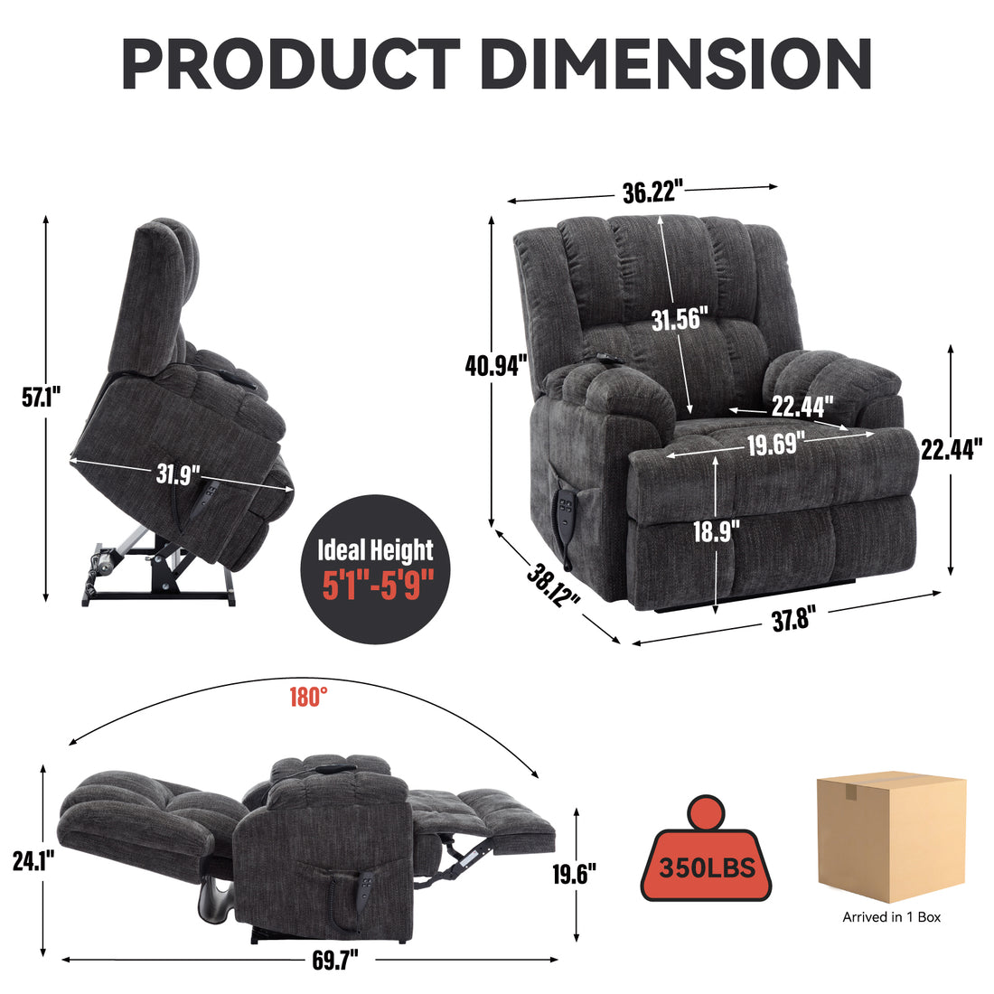 Dual Motor Heat Massage Infinite Position Up To 350 Lbs Electric Power Lift Recliners With Power Remote, Medium Firm And Heavy Duty, Grey White Metal Primary Living Space Heavy Duty Pine Grey Chenille Power Remote Medium Firm Cushion Back American Design