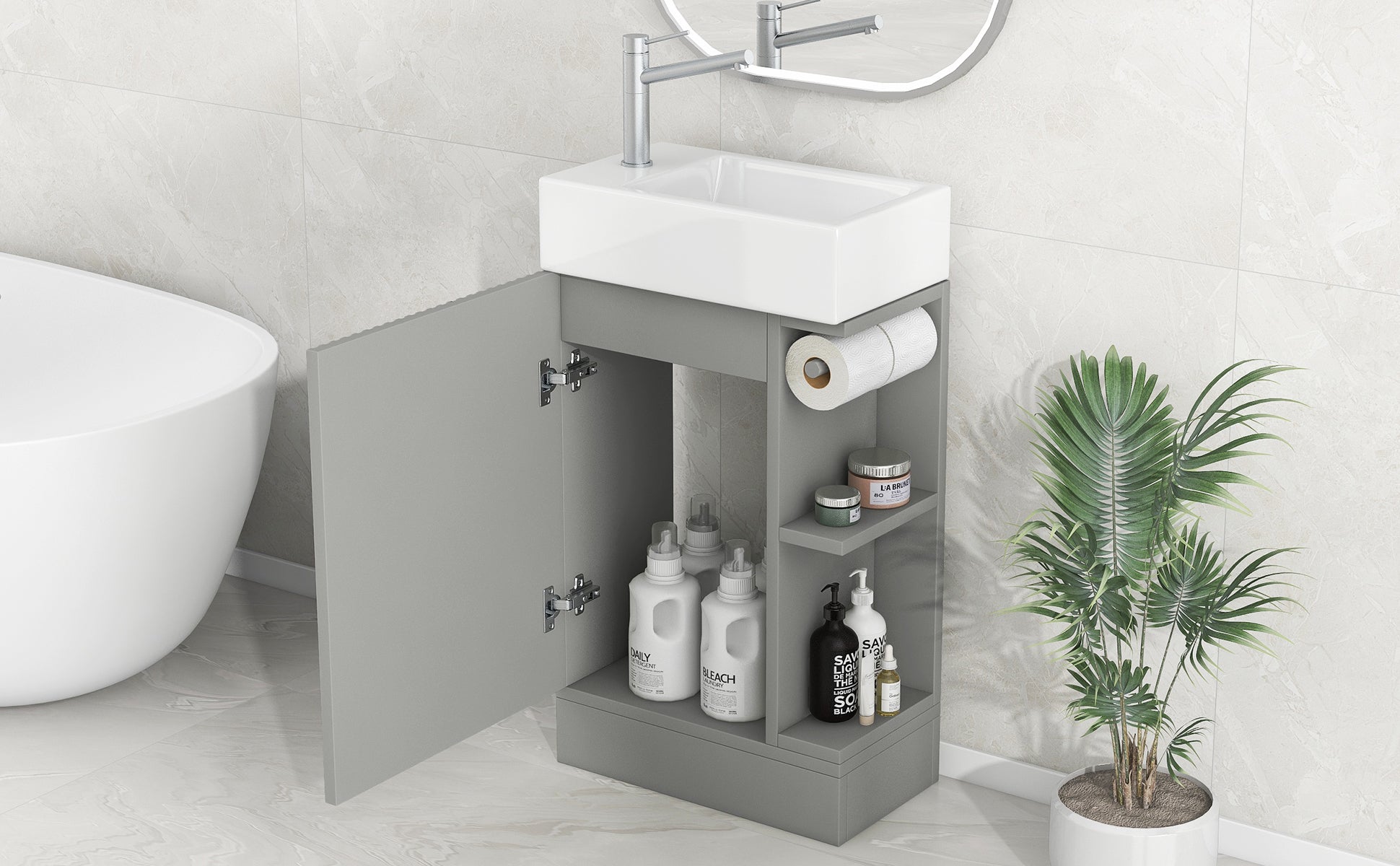 18.6" Bathroom Vanity With Sink, Bathroom Vanity Cabinet With Two Tier Shelf, Left Or Right Orientation, Grey Grey Mdf