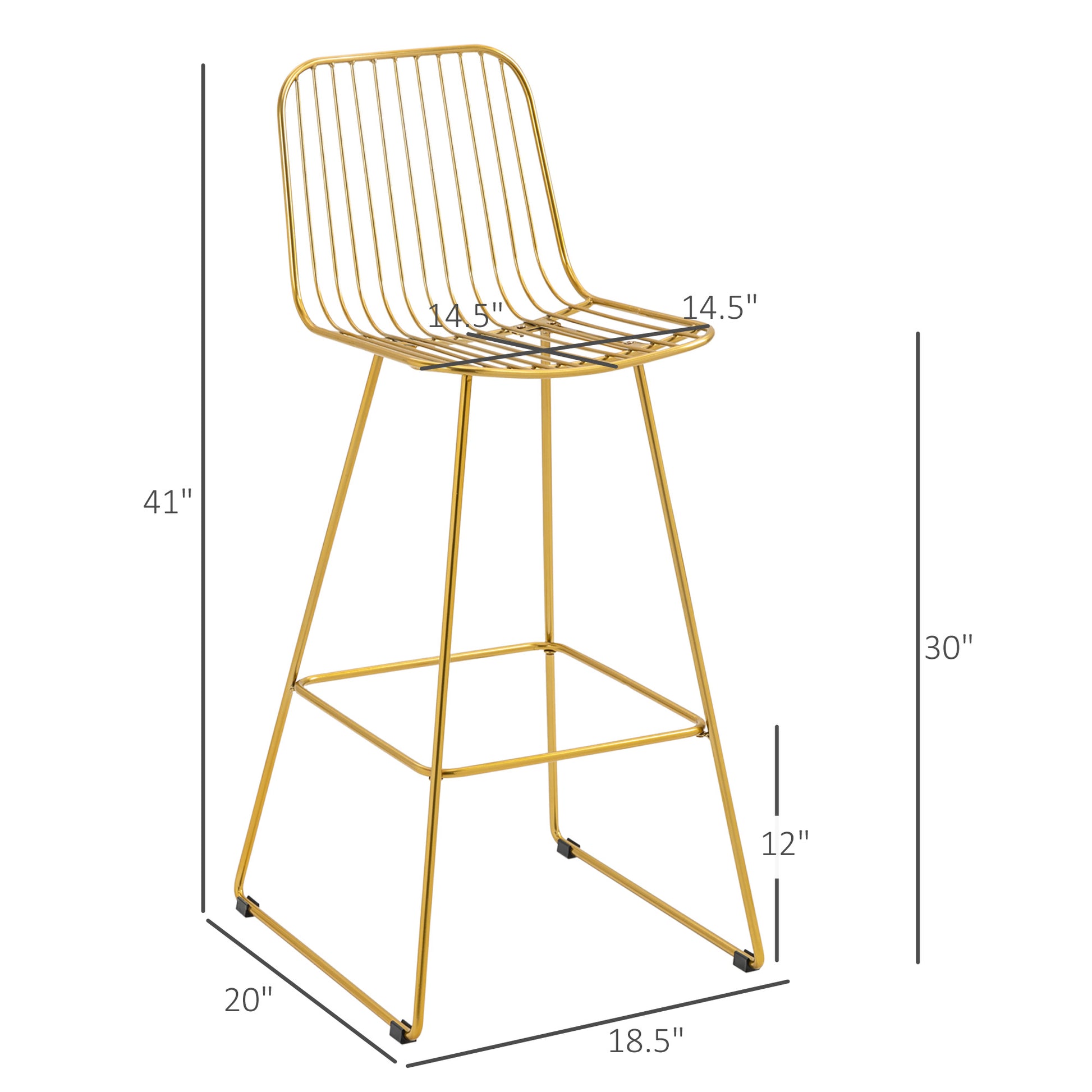 Homcom Modern Bar Stools, Metal Wire Bar Height Barstools, 30" Seat Height Bar Chairs For Kitchen With Back And Footrest, Set Of 2, Gold Gold Steel