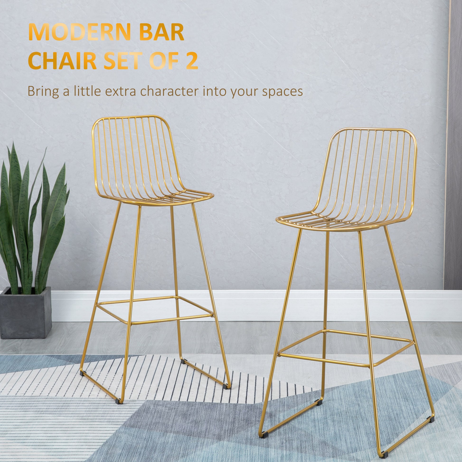 Homcom Modern Bar Stools, Metal Wire Bar Height Barstools, 30" Seat Height Bar Chairs For Kitchen With Back And Footrest, Set Of 2, Gold Gold Steel