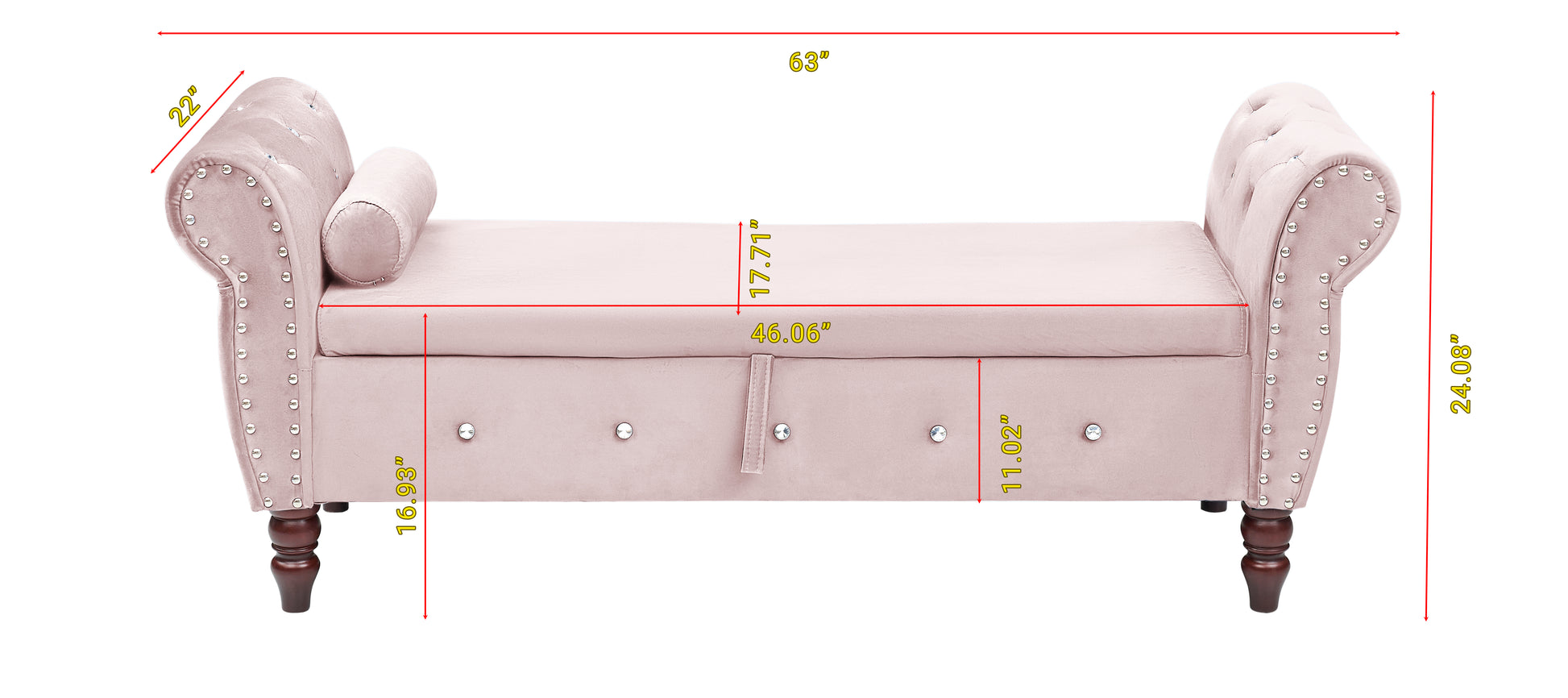 63.38"Velvet Multifunctional Storage Rectangular Ottoman Bench Comes With Crystal Buckle Solid Wood Legs With 1 Pillow,Pink Pink Velvet