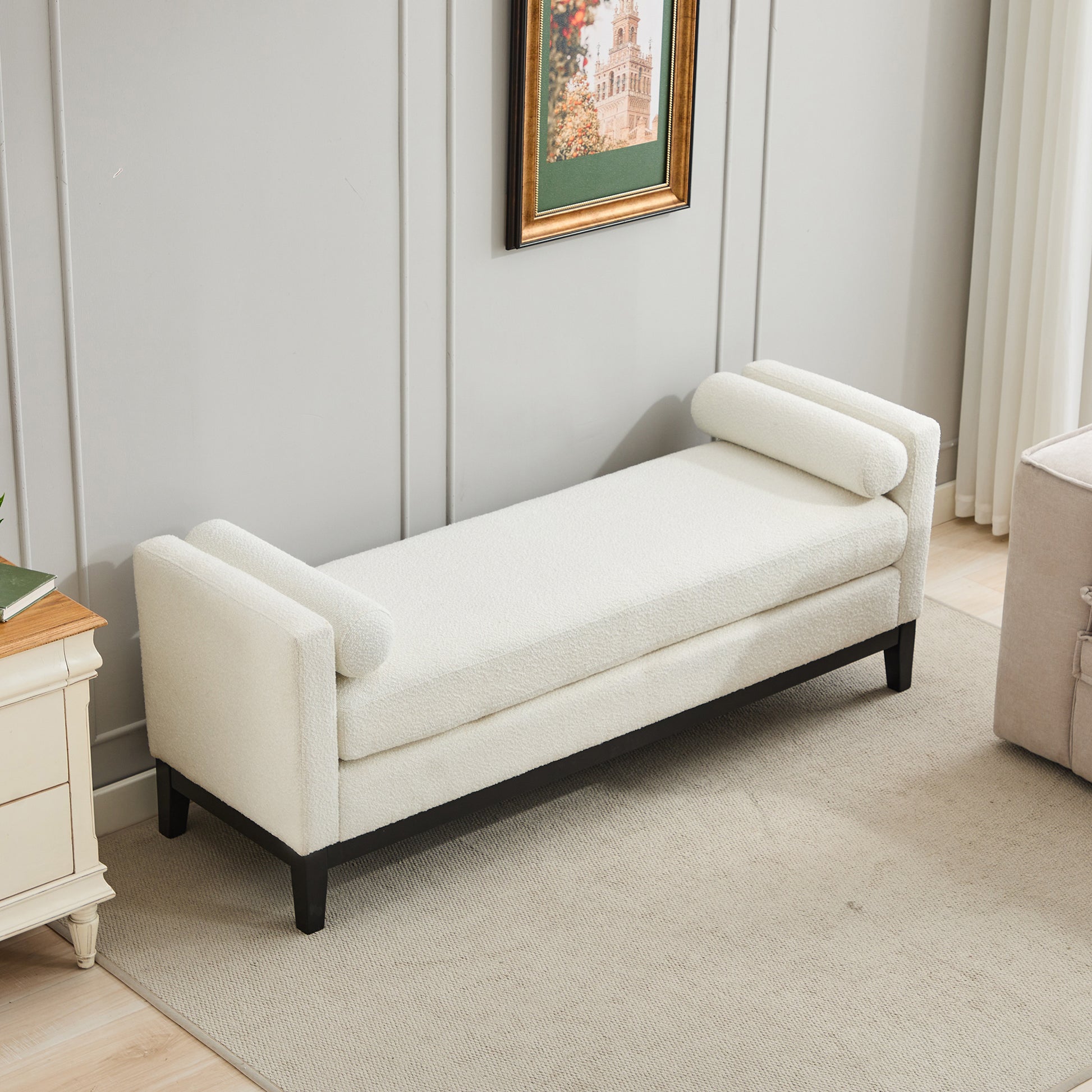 66.34"W Elegant Upholstered Bench,Daybed, Ottoman With Wood Legs & 2 Bolster Pillows For End Of Bed, Bedroom, Living Room, Entryway,Ivory Boucle Ivory Boucle