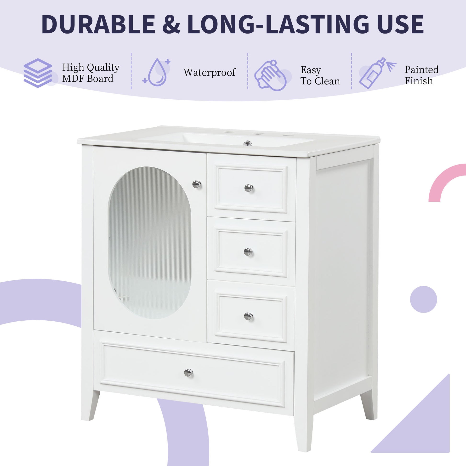 30" Bathroom Vanity With Sink, Bathroom Vanity Cabinet With Three Drawers And Door, Solid Wood And Mdf, White White Solid Wood Mdf