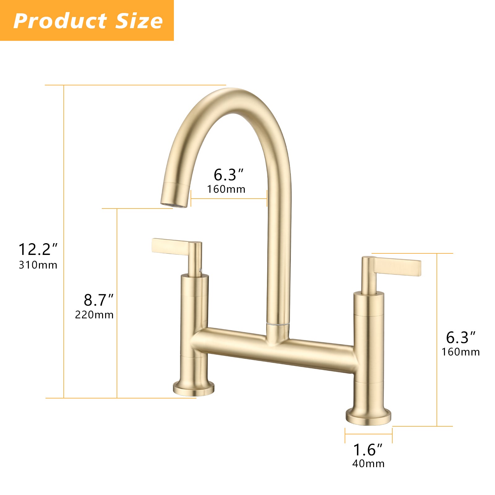 Double Handle Bridge Kitchen Faucet Brushed Gold Kitchen Metal Stainless Steel