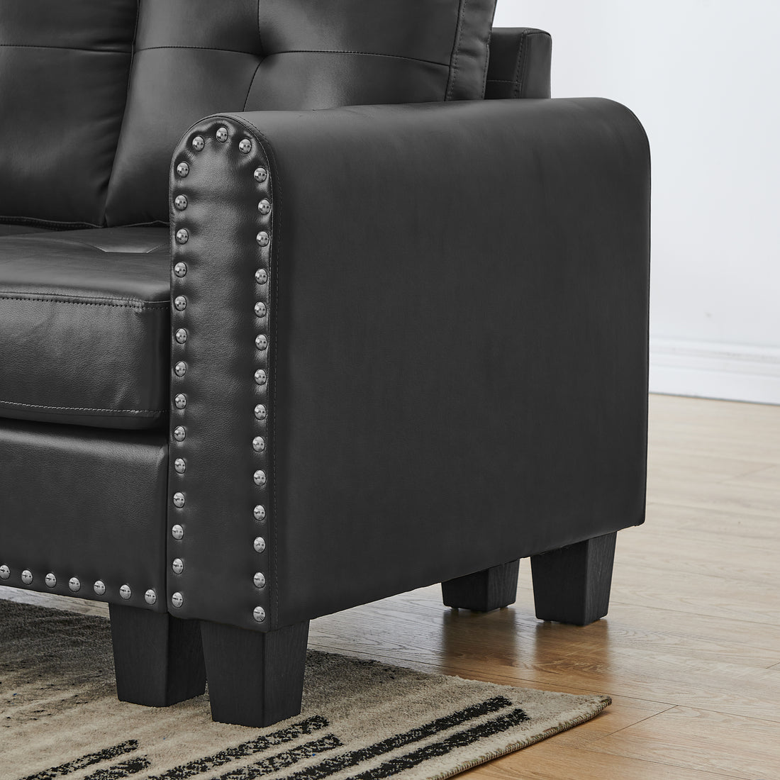 Sectional 3 Seaters Sofareversible Recliner, Storage Pad And Wood Grain Cup Holder, Non Slip Leg, Pu, Black Black Pu 3 Seat