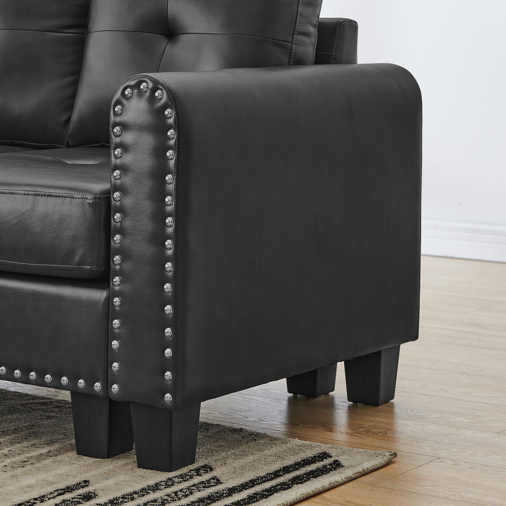 Sectional 3 Seaters Sofareversible Recliner, Storage Pad And Wood Grain Cup Holder, Non Slip Leg, Pu, Black Black Pu 3 Seat