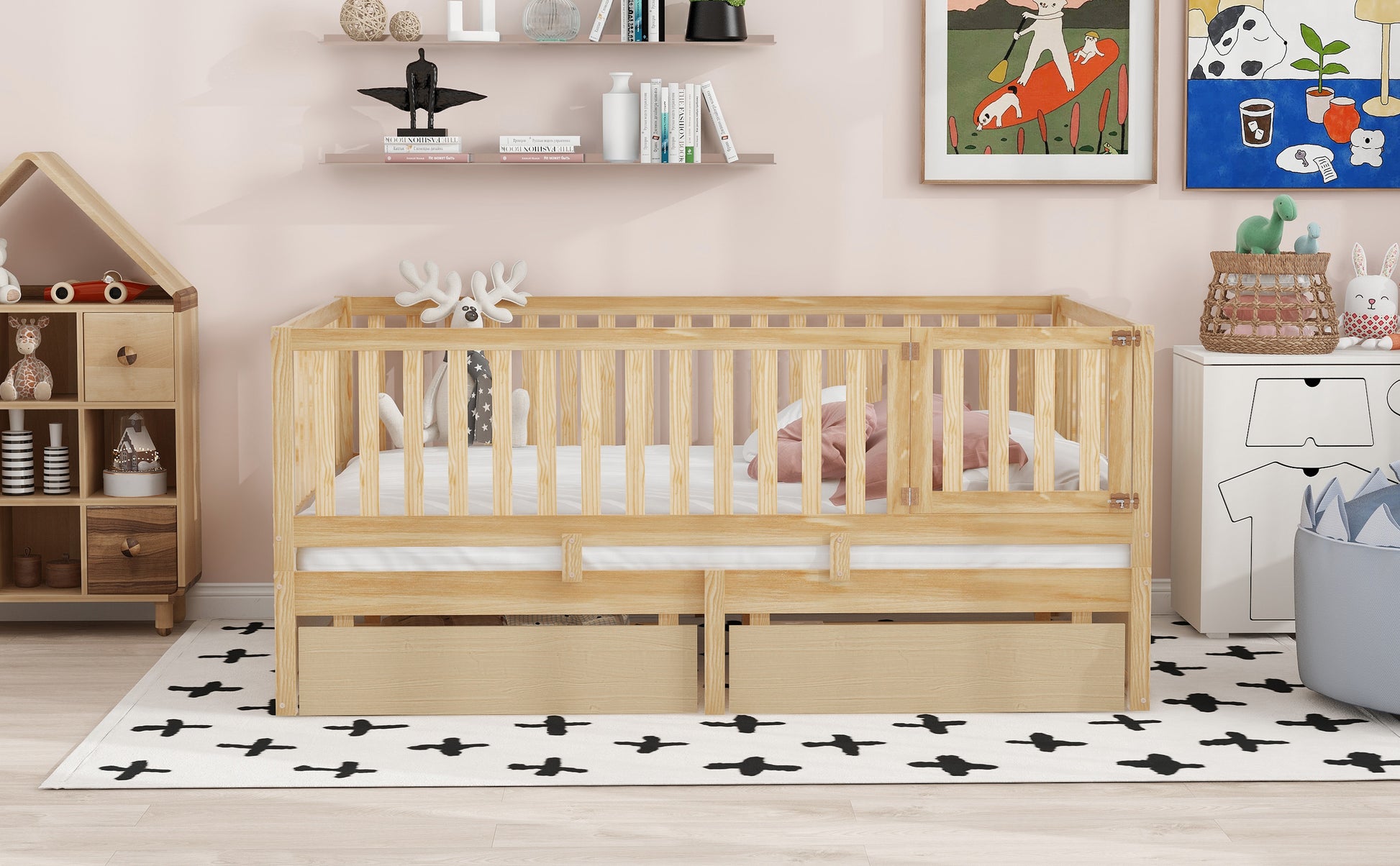 Full Size Wood Daybed With Fence Guardrails And 2 Drawers, Split Into Independent Floor Bed & Daybed, Natural Old Sku :Lp000882Aan Full Natural Solid Wood Mdf