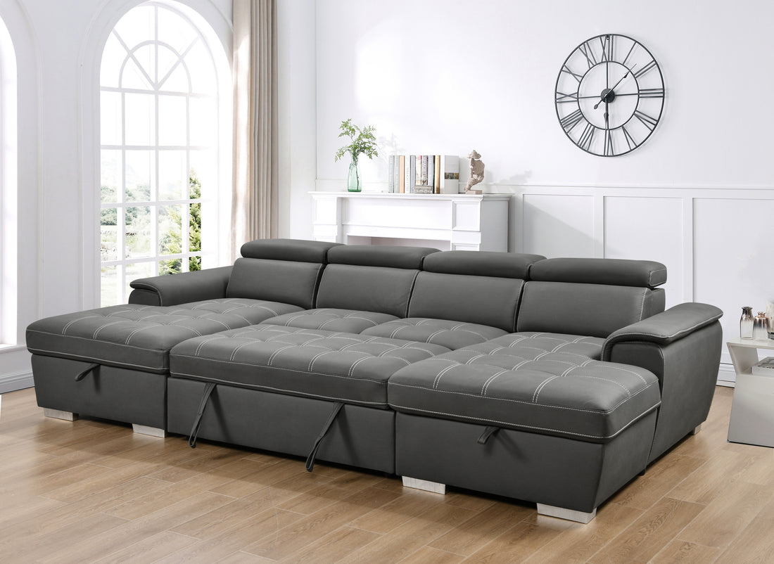 U Shaped Sleeper Sofa, 121 Inch Overisze 2 In 1 Pull Out Bed, Sectional Sleeper Sofa With Double Storage Chaise For Living Room Furniture, Charcoal Grey Light Brown Wood Primary Living Space Medium Duty Eucalyptus 6 Seat Charcoal Grey Polyester Soft