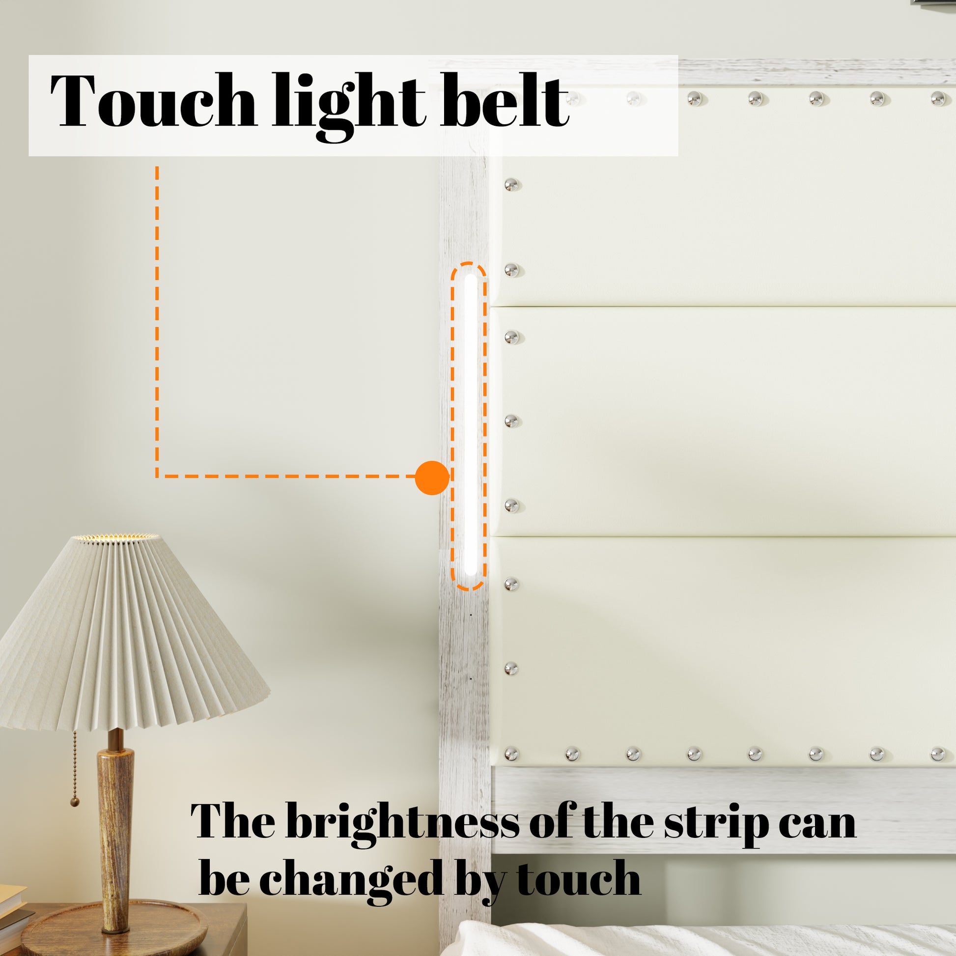 King Size Bed Frame With Upholstered Headboard And 4 Storage Drawersking Bed Frame With Charging Station And Led Lights, Wood Slats, Beige Faux Leather & Rivets, No Box Spring Needed Box Spring Not Required King Antique White Wood Bedroom Bed Frame Faux