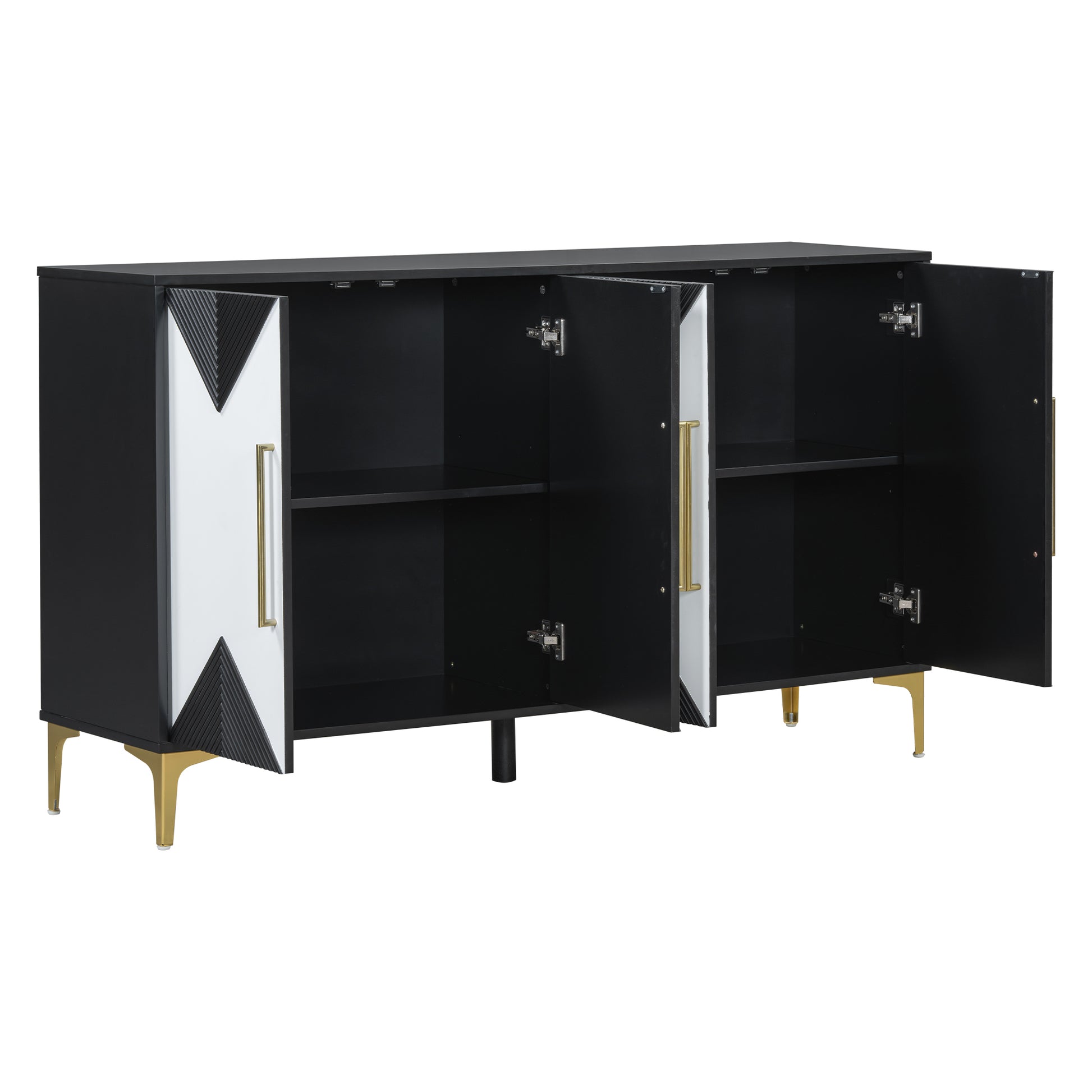 Unique Features Of A Four Door Cabinet With Two Tone Triangular Pattern Doors, Suitable For Entryway, Hallway, Living Room 3 4 Spaces Black White Primary Living Space Adjustable Shelves Artsy,Contemporary Mdf