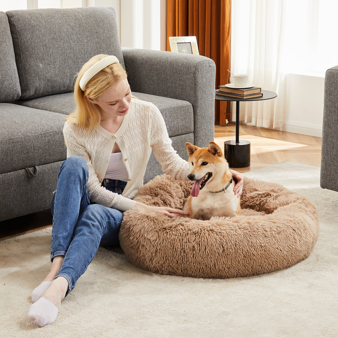 Anti Slip Round Fluffy Plush Faux Fur Cat Bed, Extra Large Brown Brown Fabric