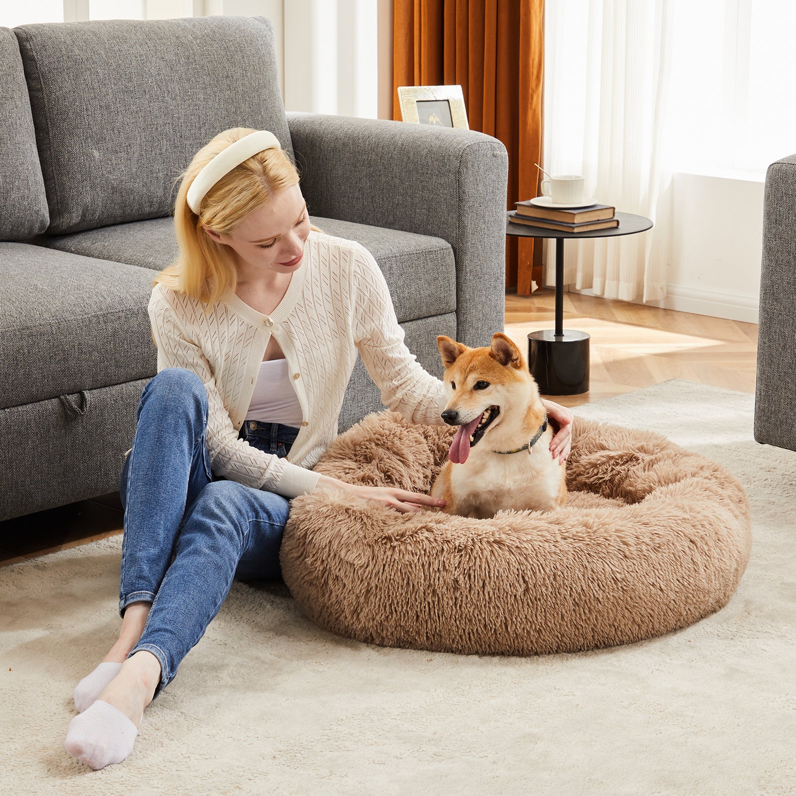 Anti Slip Round Fluffy Plush Faux Fur Cat Bed, Medium Brown Brown Fabric